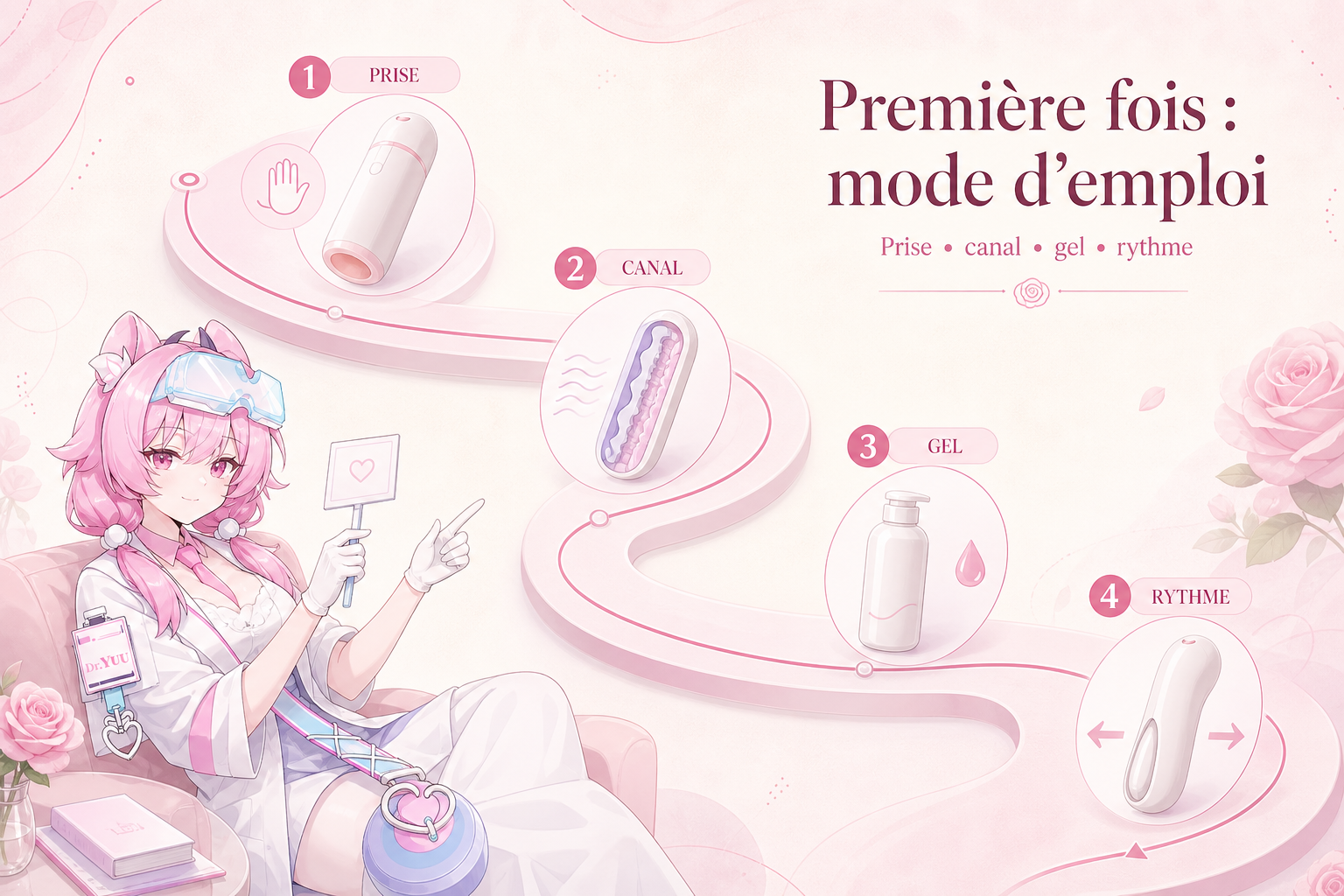 Illustration rose des étapes pour utiliser une vaginette : prise, canal, lubrifiant et mouvements contrôlés