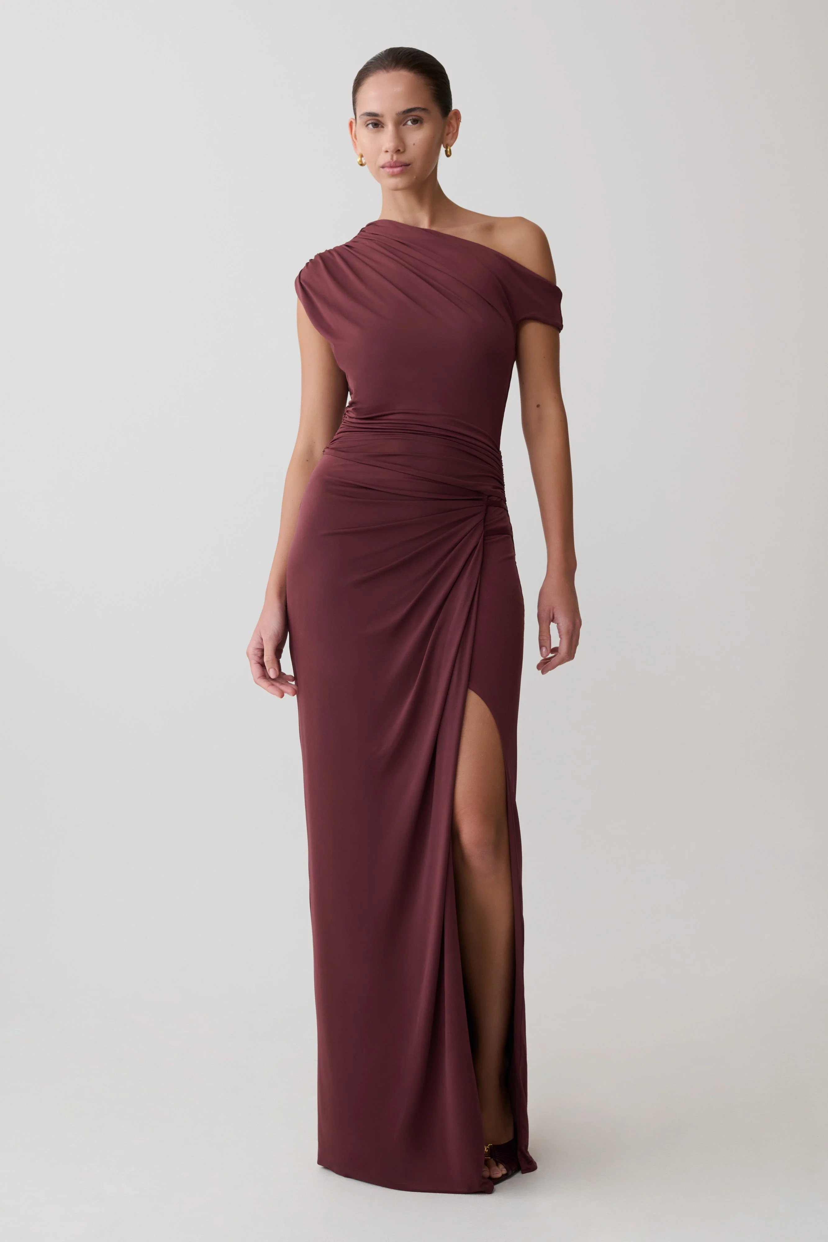 Alyn Off Shoulder Draped Maxi Dress - Dark Plum