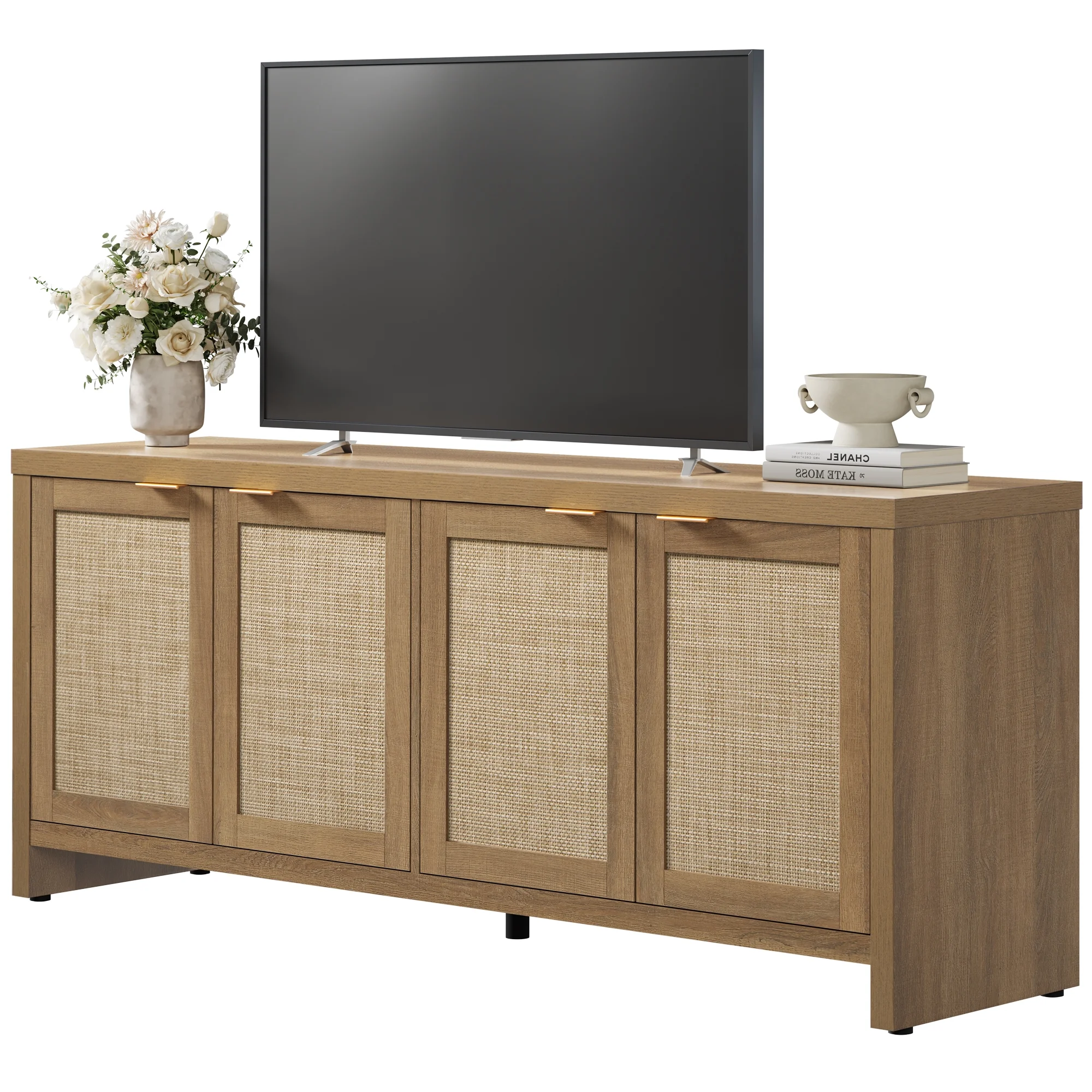 61 5"W Rattan TV Stand with 4 Doors, Boho Entertainment Center with Adjustable Shelves Spacious Countertop �C Large Boho Farmhouse Media Console for Living Room, Reclaimed Caramel Oak(Natural Oak/Single) Image 7