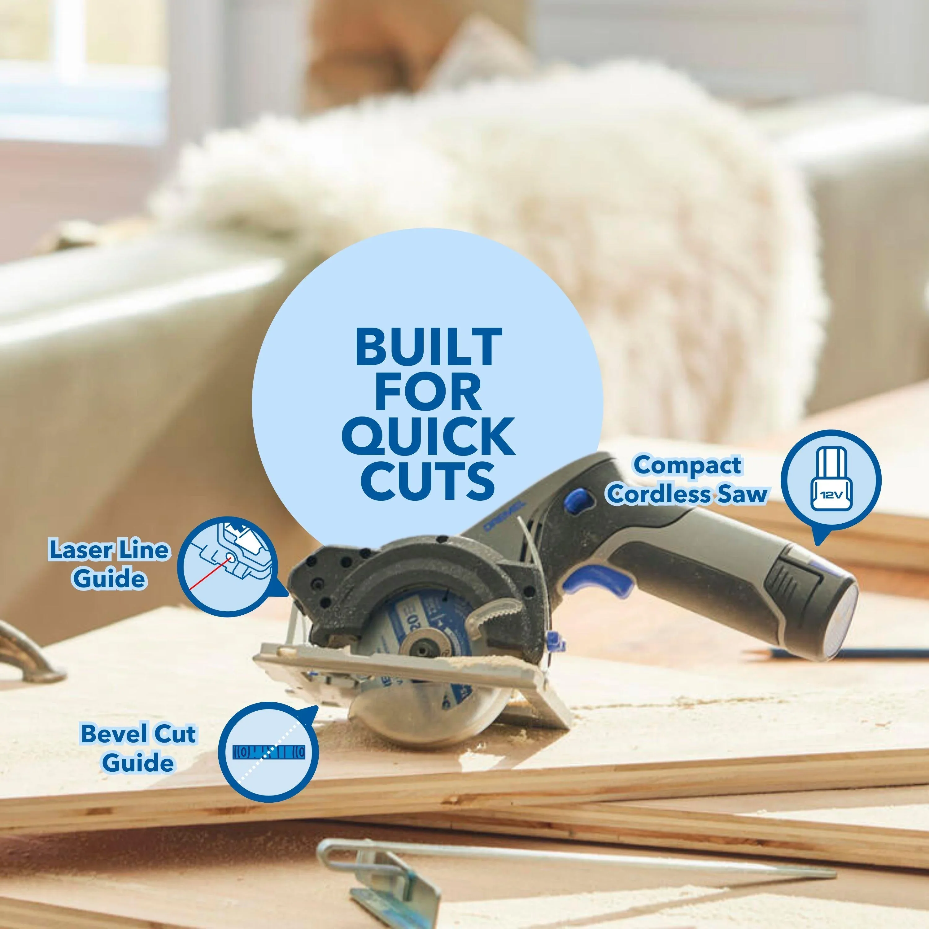 Dremel Blueprint 12V Compact Circular Saw with Integrated Laser Guide, 2Ah Li-Ion Battery and 3 3/8Multi Material Blade (CS12V-S1)