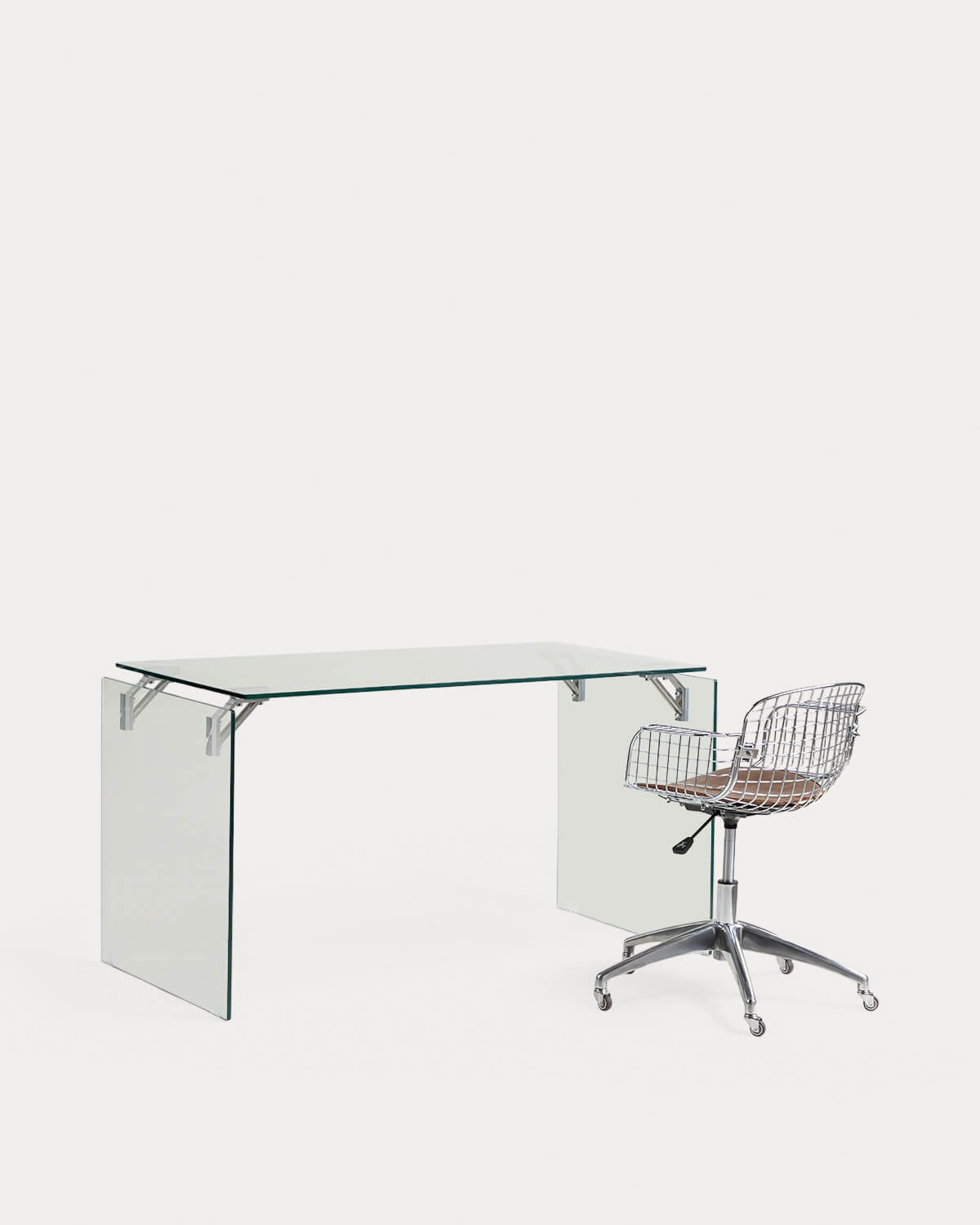 Set Arey - Aras - Set de Escritorio de Cristal Templado (134x70 cm) Arey y Silla de Escritorio Vintage Respaldo Bajo Aras