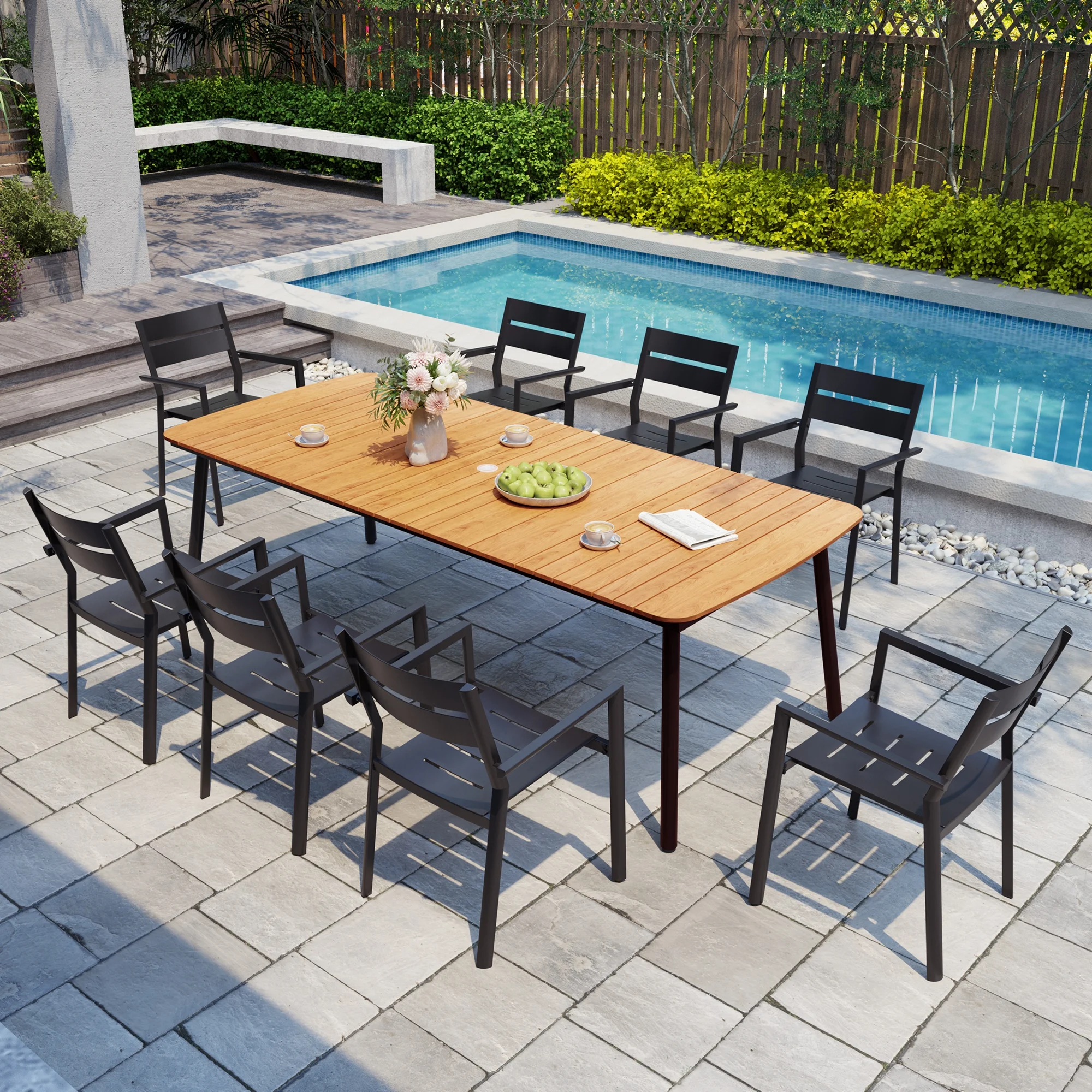 93" Outdoor Dining Table for 8–10 People, Patio Rectangle Table with Wood Like Tabletop and Umbrella Hole, Aluminum Frame for Garden, Lawn, or Backyard, Brown(92 9" x 42 1“ x 29 1“/Brown) Image 10