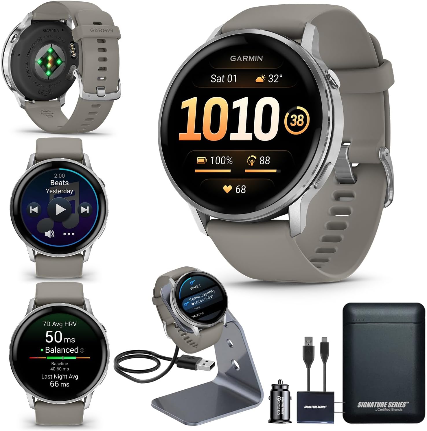 Garmin Venu 4  45mm  Advanced Health & Fitness GPS Smartwatch  Bright & Colorful Display  Flashlight  12 Days Battery Life | Silver with Gray Silicone Band  Signature Series Power Bundle