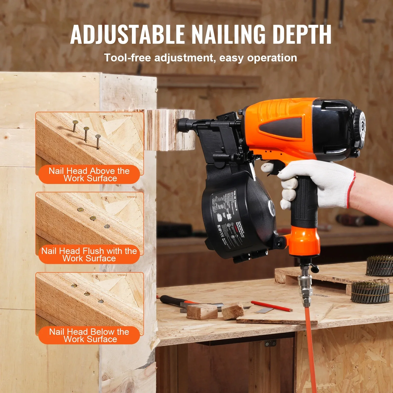 KFFKFF Pneumatic Coil Siding Nailer CN65, Adjustable 1-1/4 to 2-1/2 15 Degree, 70-120PSI, Ideal for Siding, Sheathing, Woodworking, Fencing, and Decking