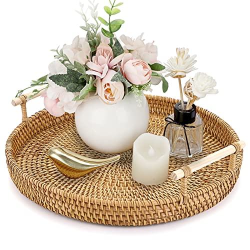 Hipiwe Handwoven Basket Serving Tray With Wooden Handles Round Rattan Bread Basket Tray Fruit Organizer Wicker Tray Coffee Table Decorative Tray