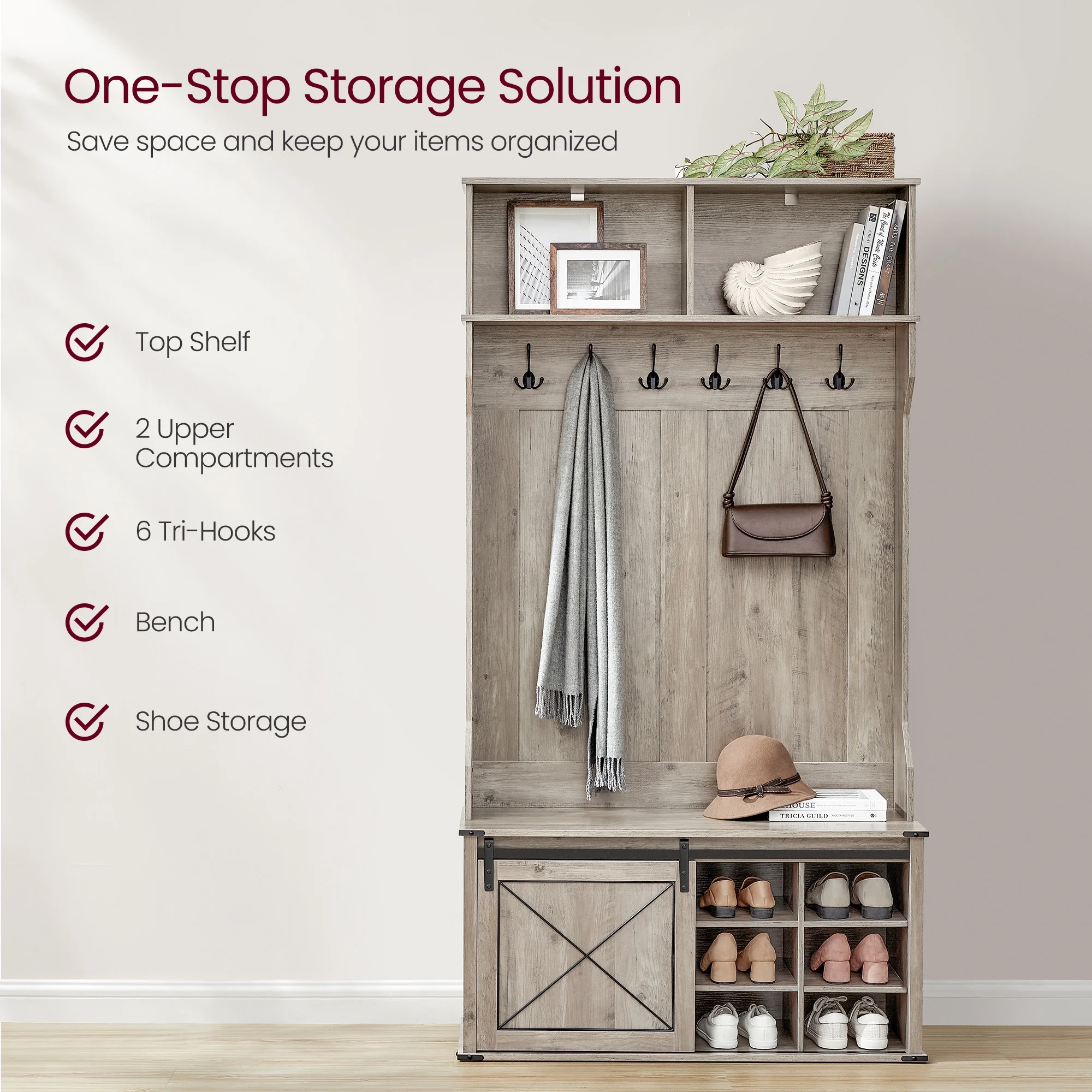 Hall Tree, Coat Rack with Shoe Bench, Entryway Furniture, Tri - Hooks, Rustic White and Honey Brown