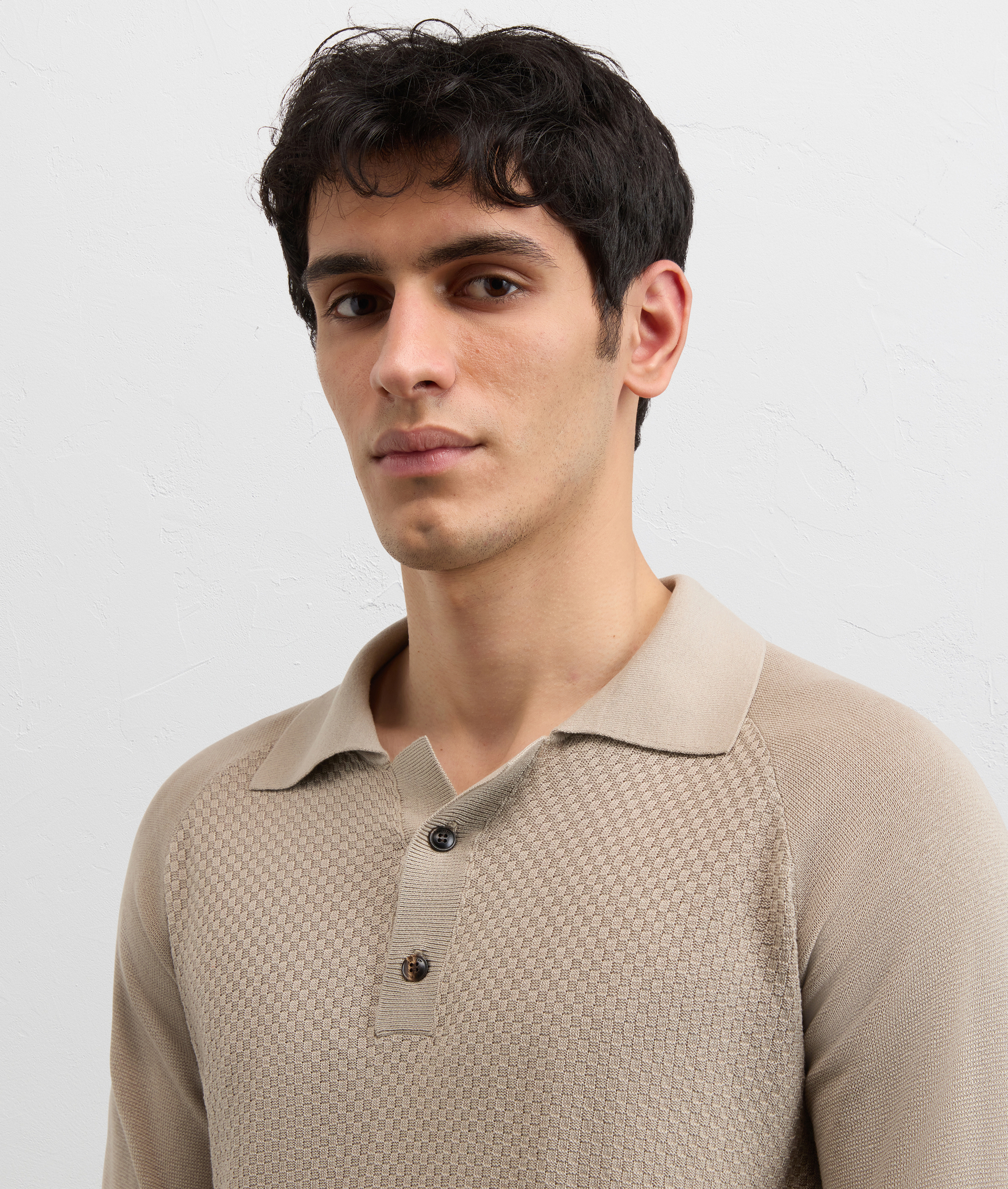 LIGHT BROWN SILK AND COTTON KNITTED SHORT SLEEVED POLO SHIRT WITH BUTTONS