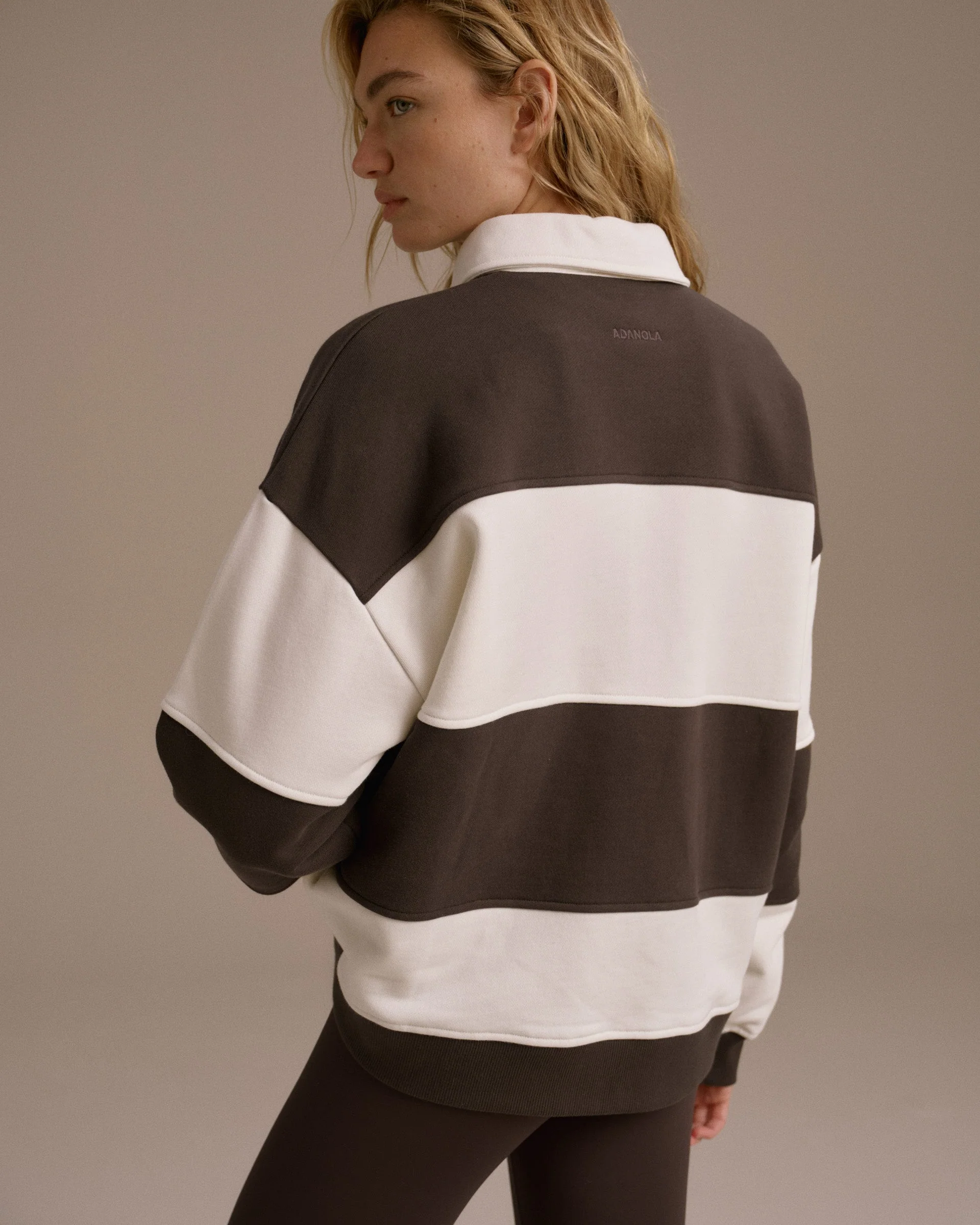 Stripe Oversized Henley Sweatshirt - Coffee Bean/Marshmallow White