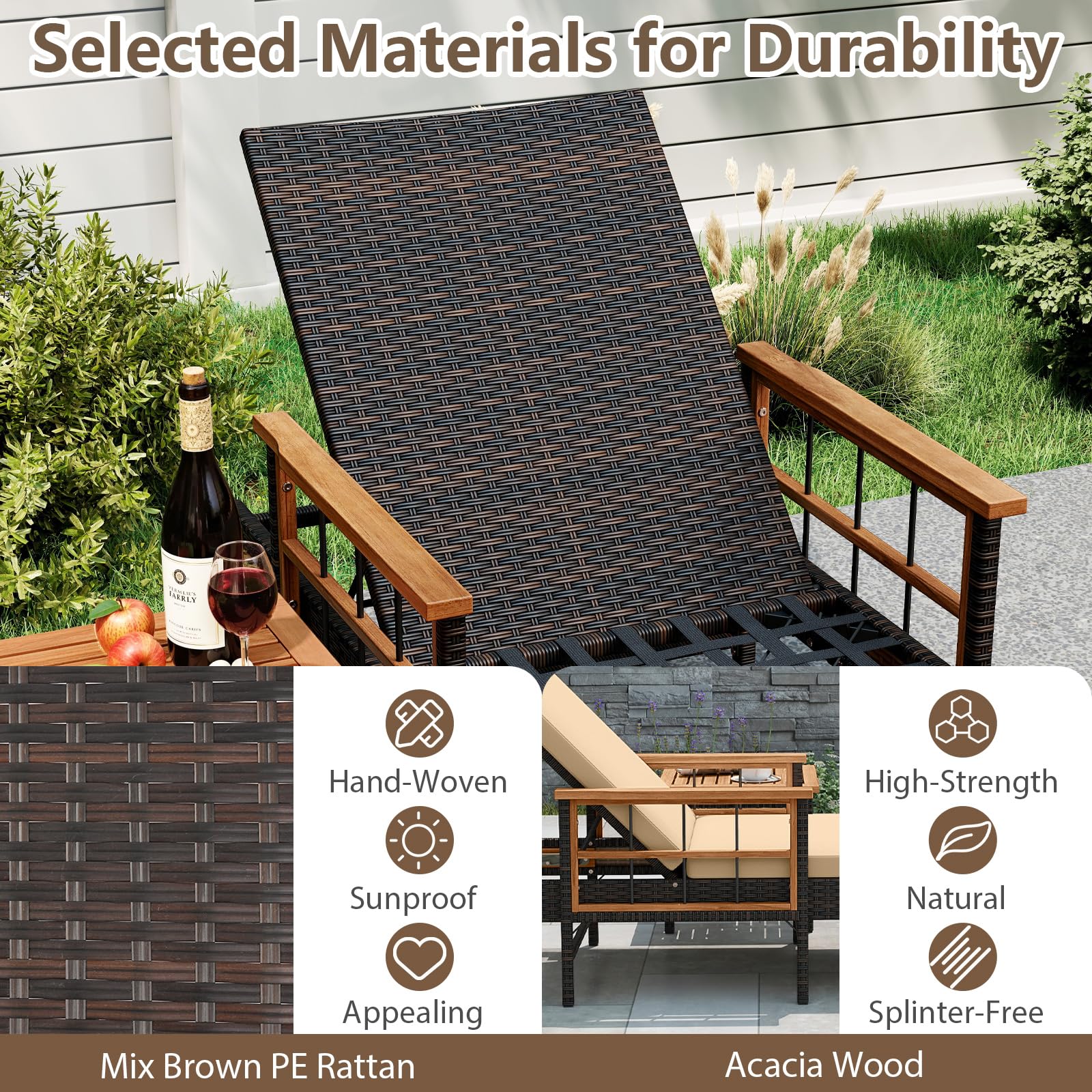 Tangkula 3 Pieces Patio Chaise Lounge Set 2 Rattan Lounge Chairs Side Table