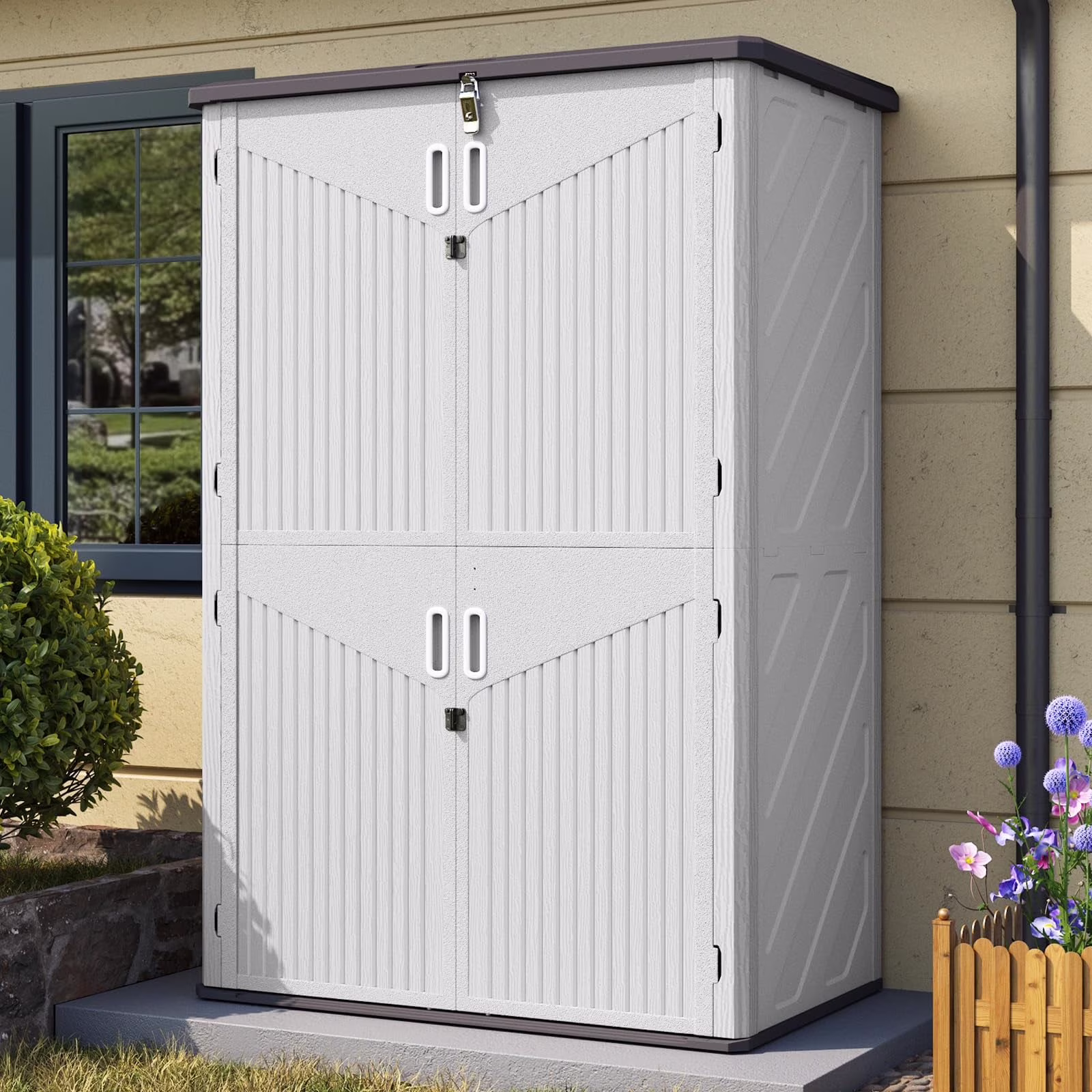 Aoxun Outdoor Storage Shed, 64 Cu.ft Vertical Storage Sheds Outdoor with Floor, Outdoor Waterproof Storage Cabinet for Garage Storage, Pool Storage, Bike Shed, Garden Shed, Outdoor Storage(White)