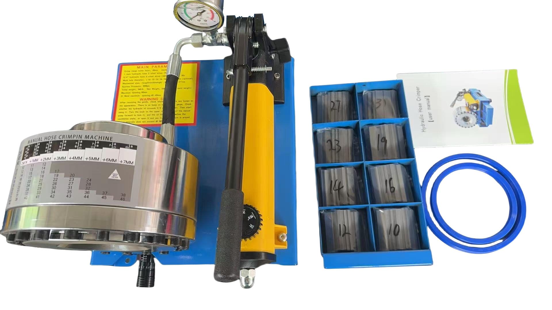 Manual hydraulic hose crimping machine with 8 sets of dies, suitable for high-pressure hydraulic hoses and pipes, System pressure 40MPa, Blue
