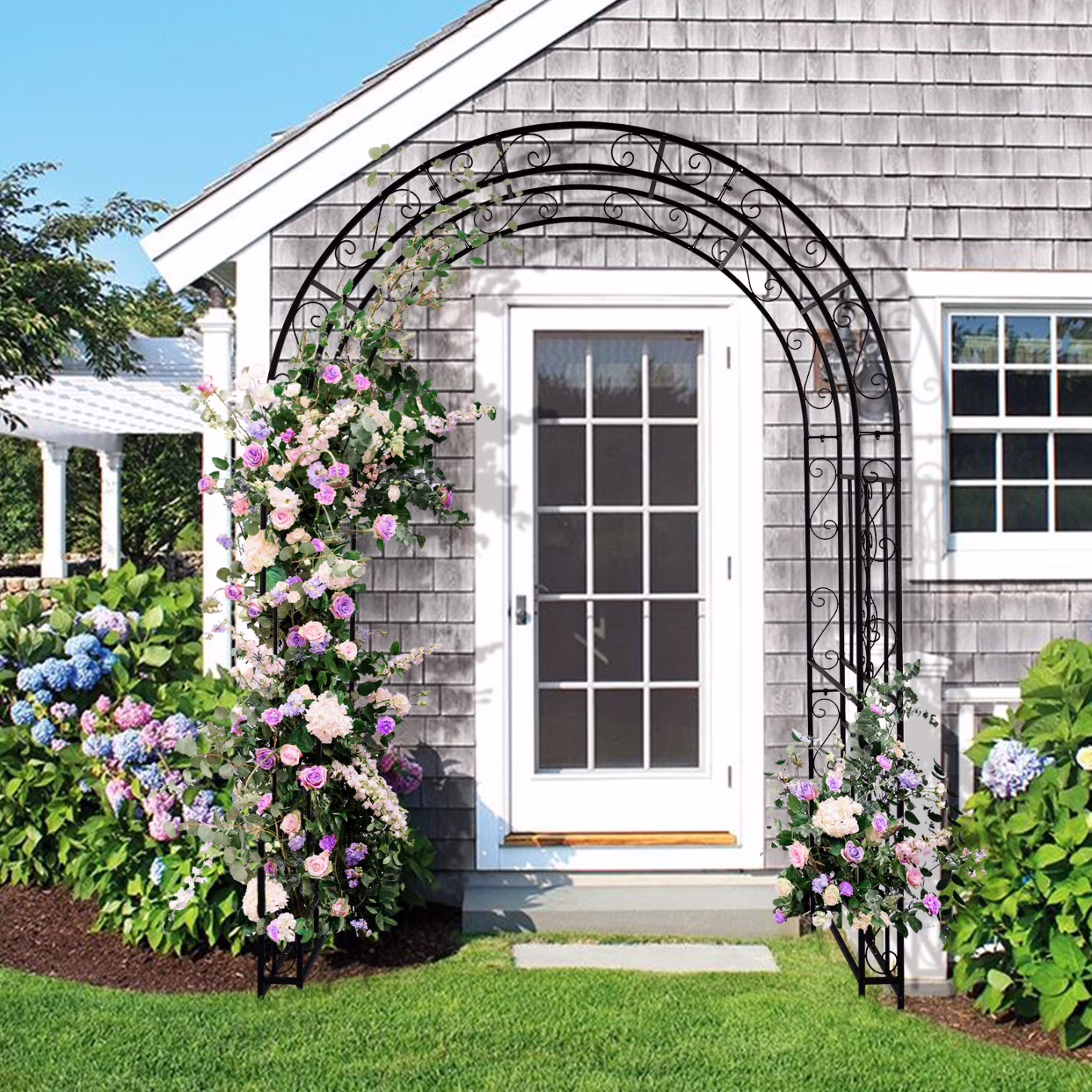 84 Tall Double Layer Iron Garden Arch Trellis, Black, Powder Coated Rustproof Plant Support for Climbing Roses, Vines and Flowers, Decorative Outdoor Wedding Arbor with Easy Ground Stakes