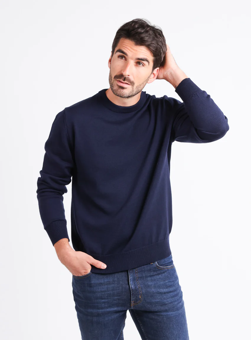 Pull homme col rond laine merinos Bleu Marine