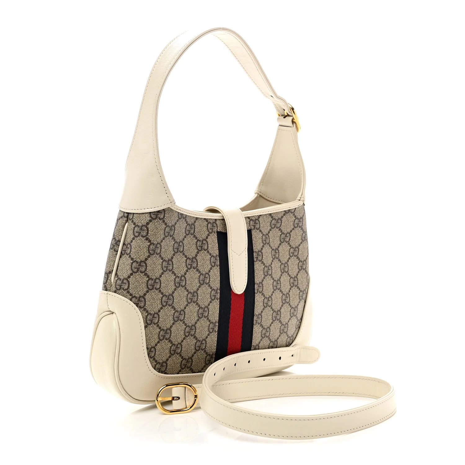 GG Supreme Monogram Azalea Calfskin Web Small Jackie 1961 Hobo Beige Ebony Mystic White