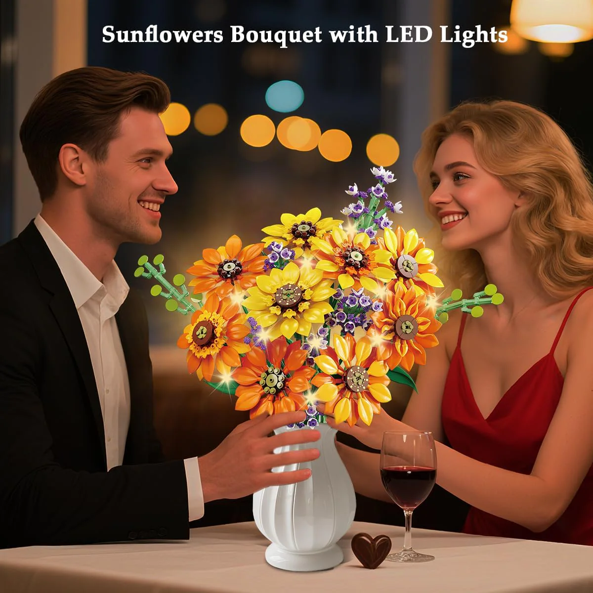 Flowers Sunflower Bouquet Building Set with Lights - 17 Flowers Botanical Collection Artificial Plant Sunflower Building Blocks Art Home Decor Easter Gifts for Adults Women Girl (1011PCS)