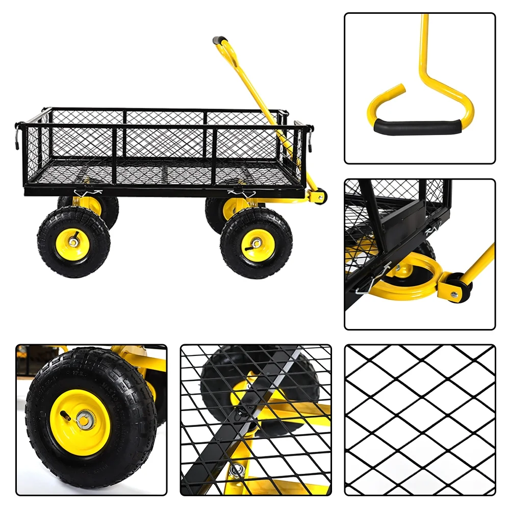 900 Lbs Heavy Duty Steel Garden Cart, Garden Wagon Cart on Wheels, Outdoor Metal Yard Utility Wagon Carts with 10" Tires and Mesh Removable Sides(Convert to Flatbed) and 180��Rotating Handle - Image 8
