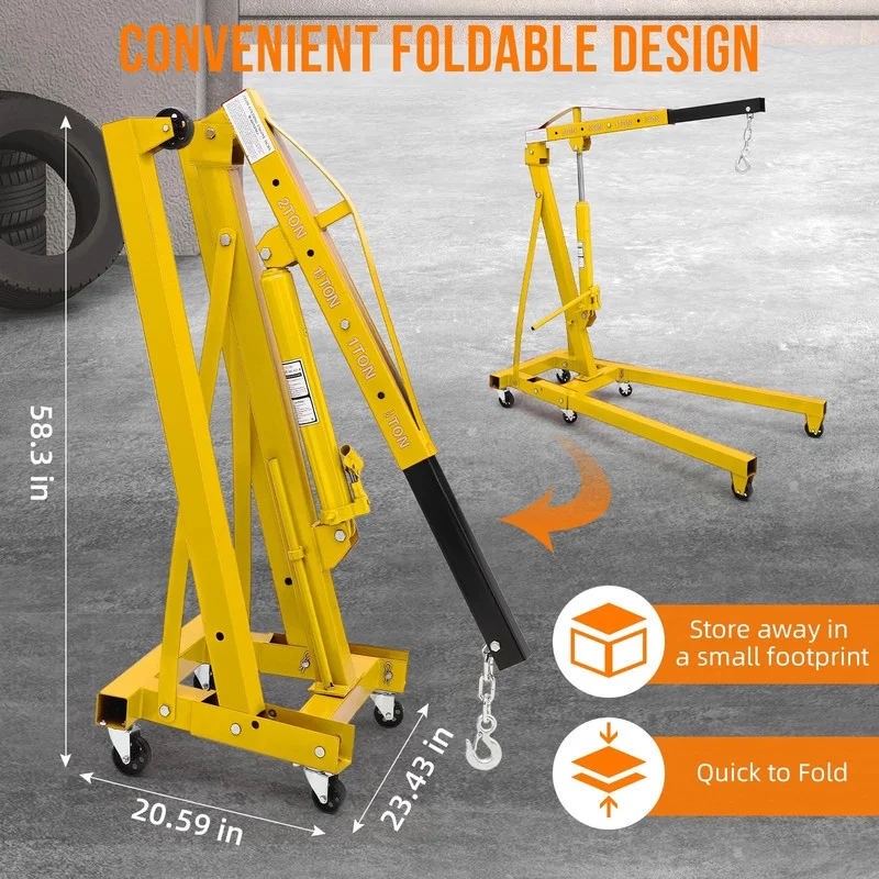 2 Ton Hydraulic Engine Hoist, Shop Crane, Cherry Picker with Telescoping Boom and 6 Casters for Garage Workshop Automotive Repair, Yellow - Image 4
