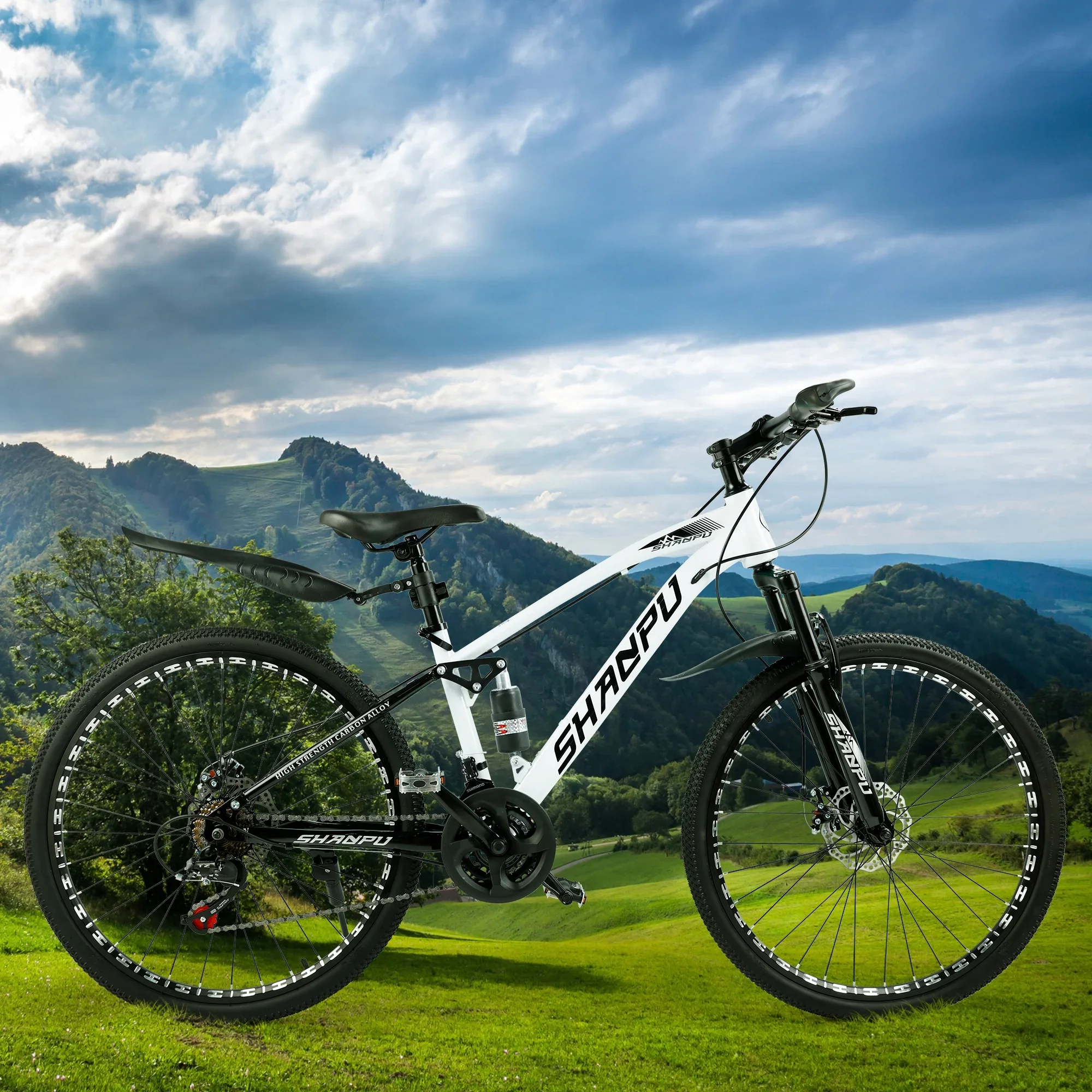 ARTUDATECH 26 Inch Wheel Full Suspension Mens Mountain Bike, Shimano 21 Speed,  Dual Disc Brake Bike for Men Womens Adult Bicycle With Bike Lock And Air Pump, orange