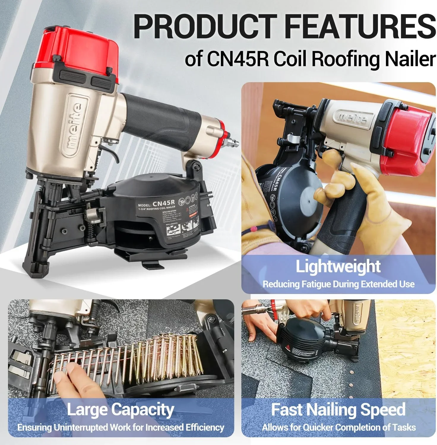 MEITE CN45R Pneumatic Coil Roofing Nailer CN45R 15 Degree 7/8 to 1-3/4 Length Coil Roofing Nail Gun Pistolas