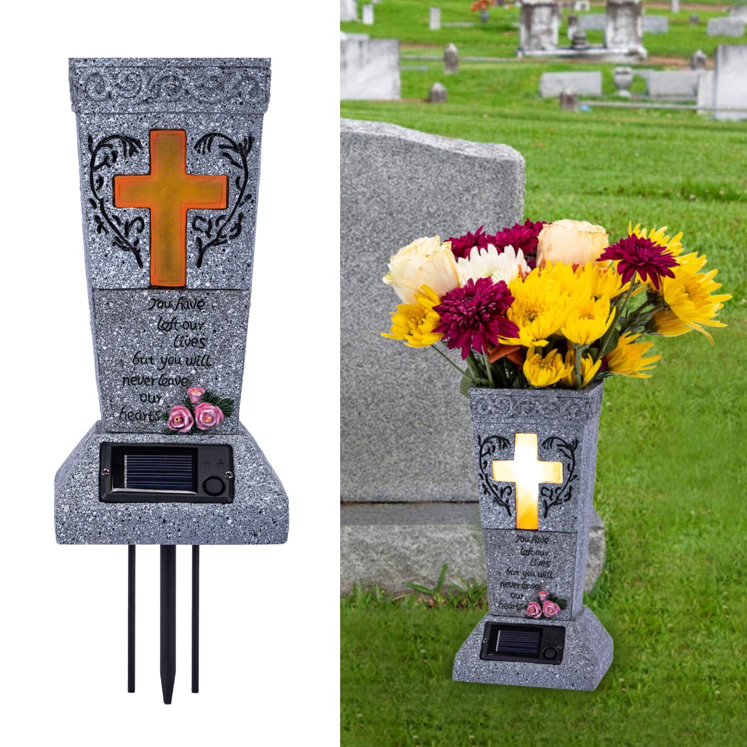 HUYIENO Solar Cemetery Grave Vase with LED for Fresh/Artificial Flowers Headstones Vases with Spikes Gravestone Decor Memorial Gifts for Loss of