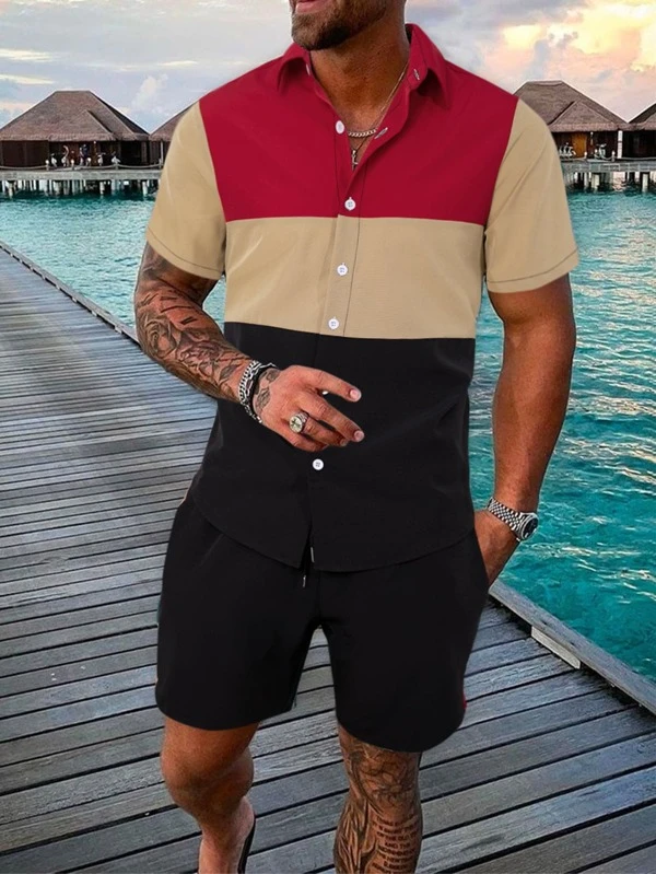 Ensemble chemise à manches courtes à imprimé hawaïen pour homme Suitmens 012