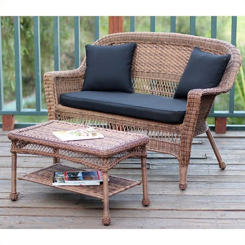Jeco Wicker Patio Love Seat and Coffee Table Set in Honey without Cushion
