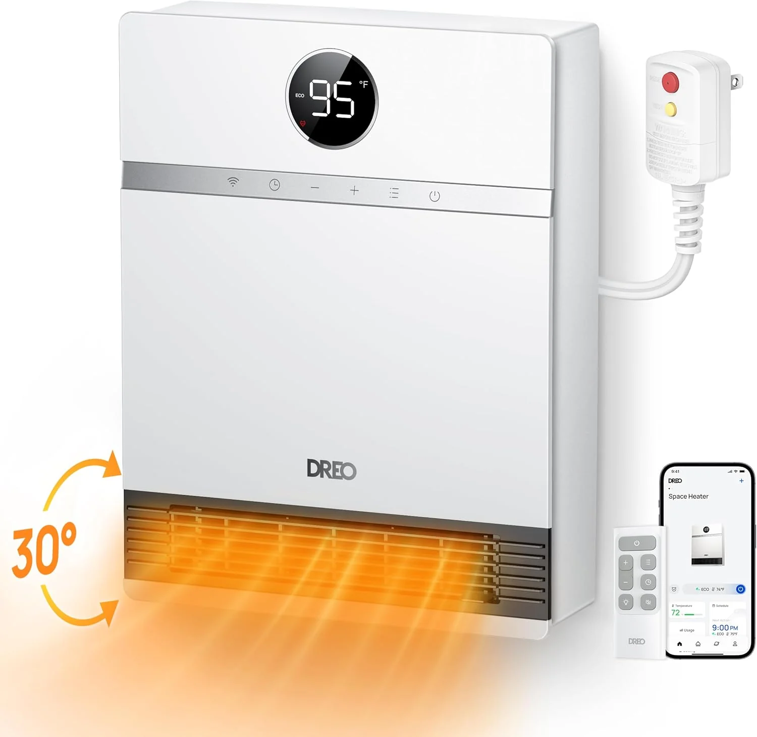 Chauffage mural intelligent Dreo, chauffage d'appoint électrique PTC IP24 pour une utilisation intérieure, oscillation à 30°, thermostat réglable, télécommande, compatible avec Alexa, minuterie 24 h, installation facile pour chambre, bureau, maison