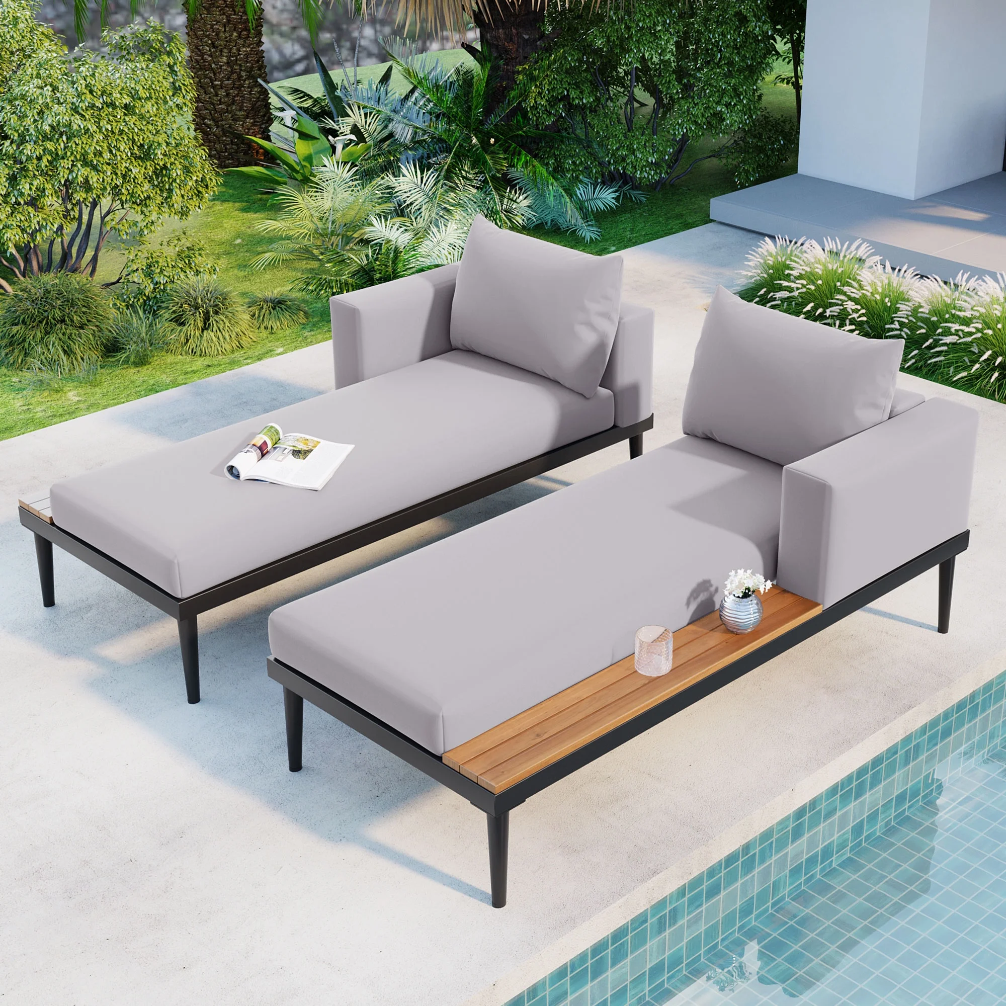 Patio Outdoor Metal Daybed for 2, All Weather Outdoor Chaise Lounges Reclining Chairs with Wood Topped Side Spaces for Drinks for Poolside Balcony Deck, Gray(Gray) - Image 4