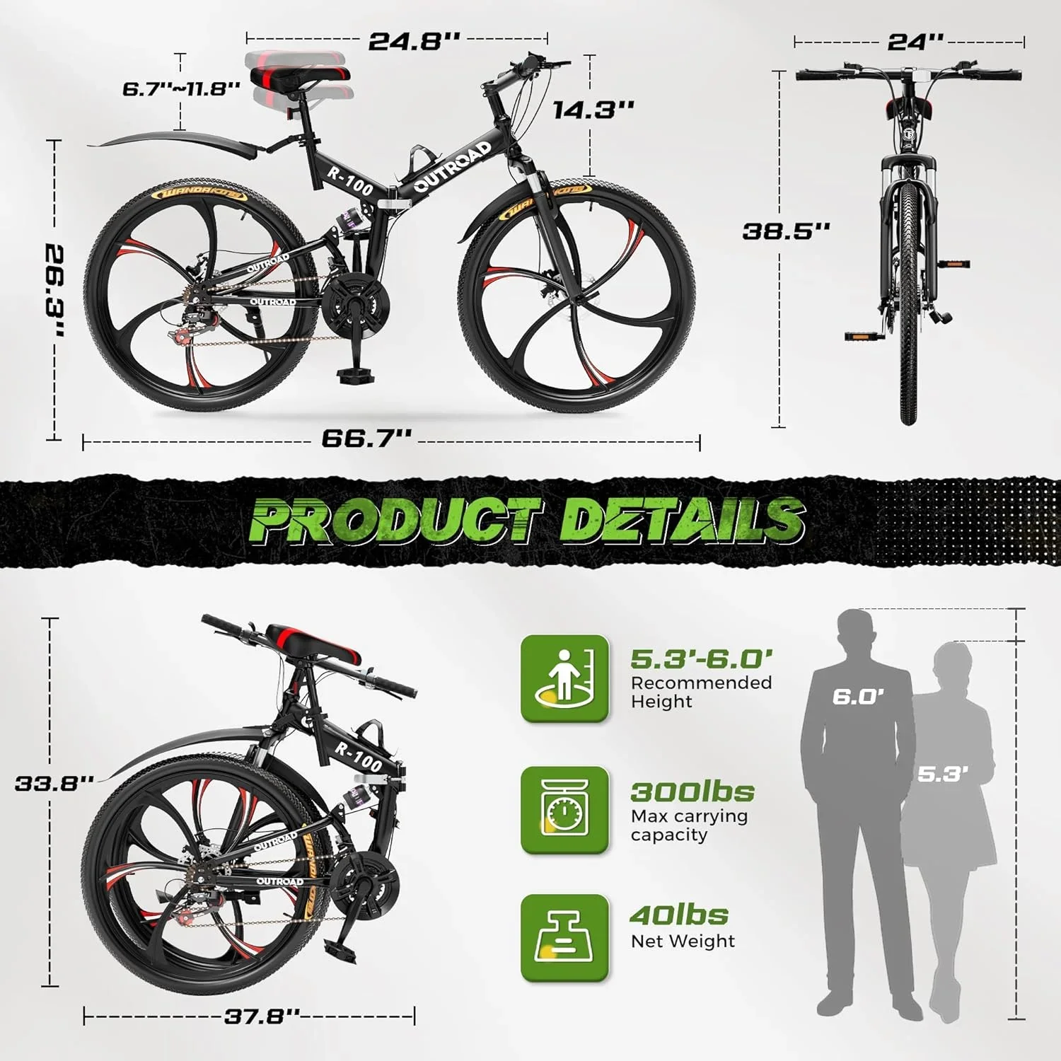 SUNCROWN 26 Inch Folding Mountain Bike, 21 Speed Full Suspension High-Carbon Steel MTB Foldable Bicycle, Dual Disc Brake Non-Slip Folding Bikes for Adults/Men/Women, Black