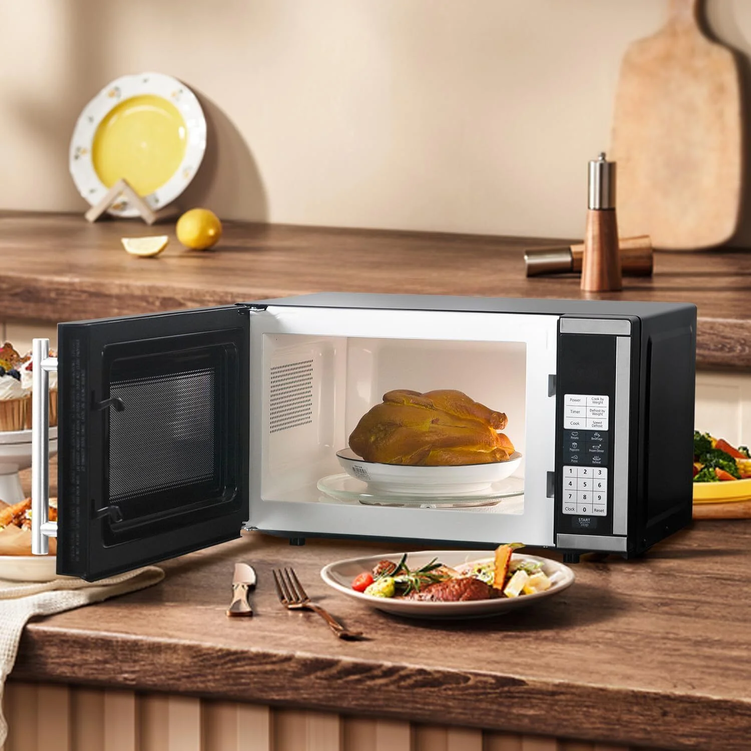 SMAD Countertop Microwave Oven 700W 10 Power Levels 6 Auto Menus 0.7 cu ft