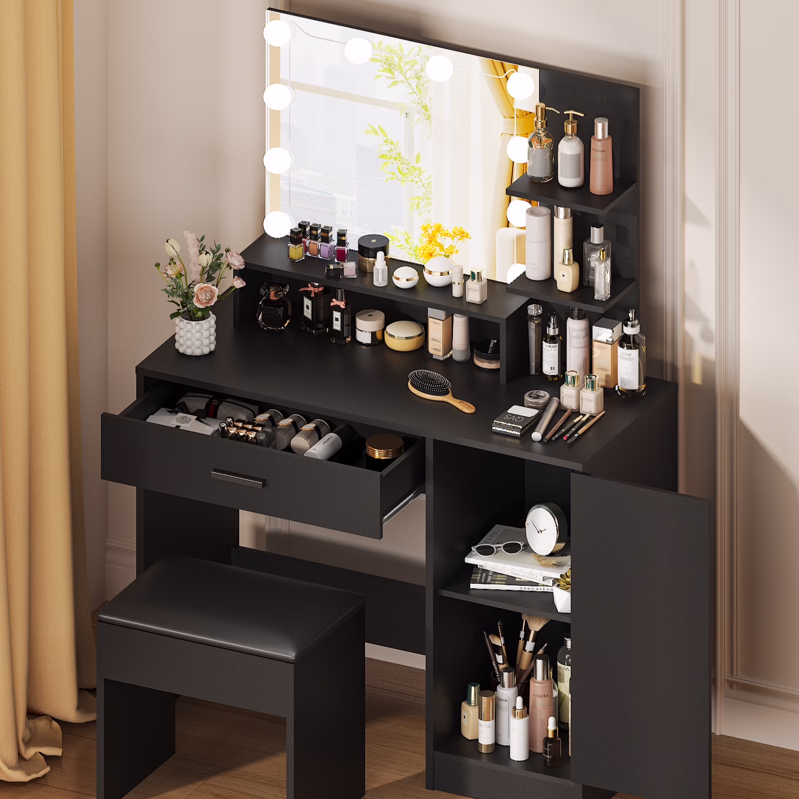 Vanity Set with 3 Color Lighted Mirror, Makeup Table with 3 Storage Shelves Drawers, Dressing Table Makeup Desk with Stool,White(White) - Image 7