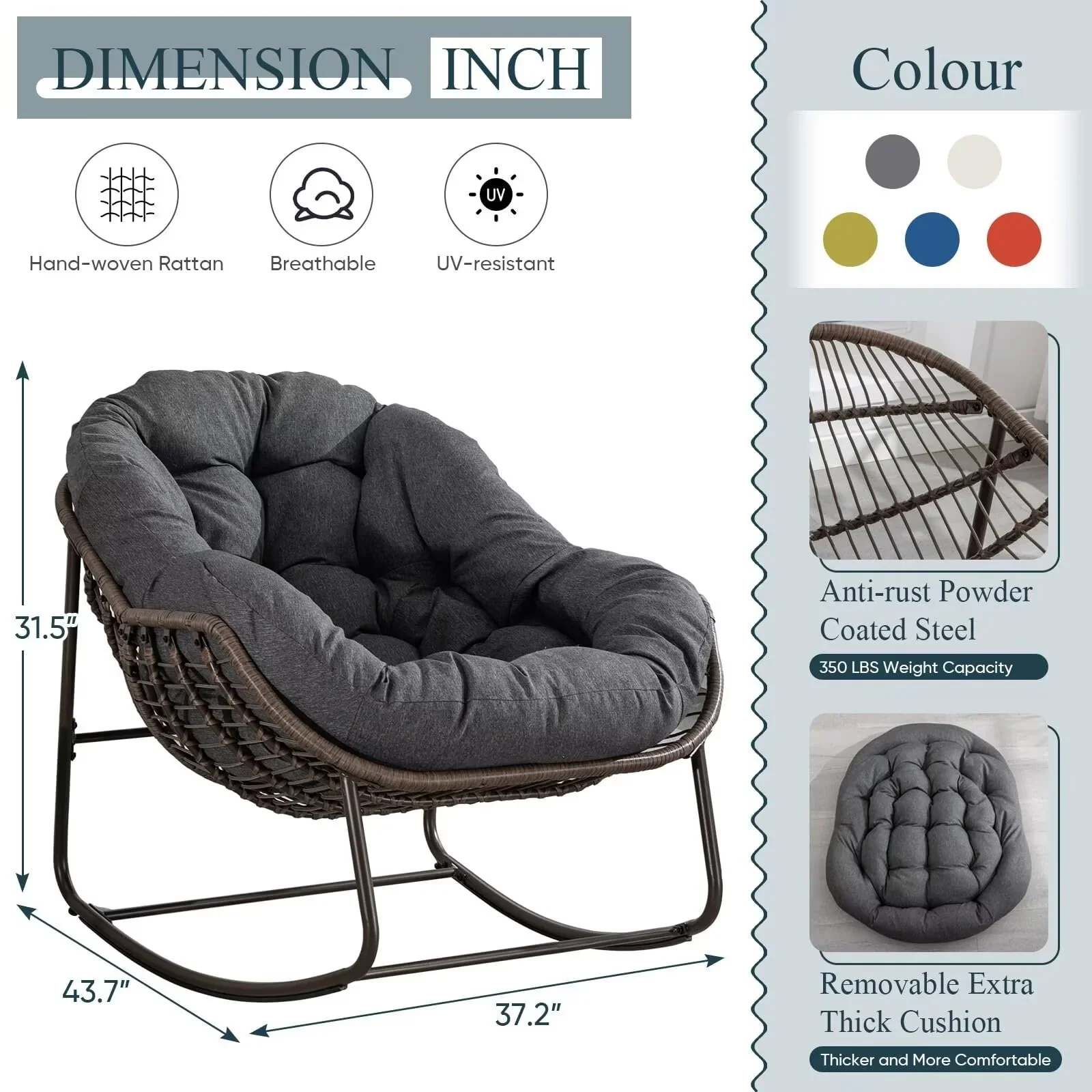 Outdoor Papasan Rocking Chair, Patio Oversized Wicker Egg Rocking Chair, Indoor & Outdoor Comfy Rocker Chair with Thick Cushion, Modern Lounge Chair for Front Porch, Garden, Backyard, Grey