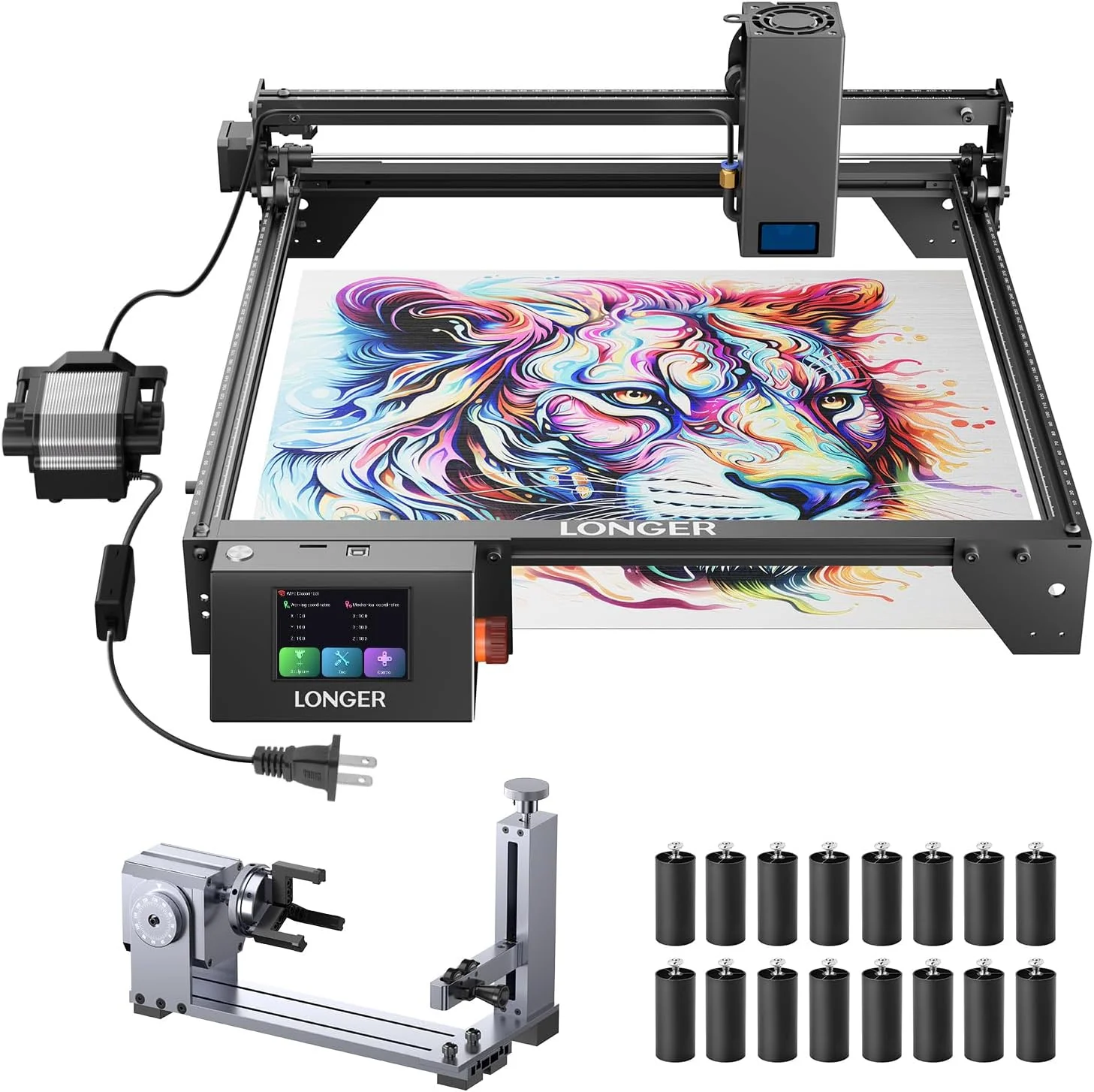 Graveur laser Longer RAY5 20W avec kit d'assistance pneumatique, rouleau rotatif 4 en 1 et 16 pièces de rehausse, découpe et gravure laser haute précision pour bois, métal, acrylique, objets cylindriques et gobelets.