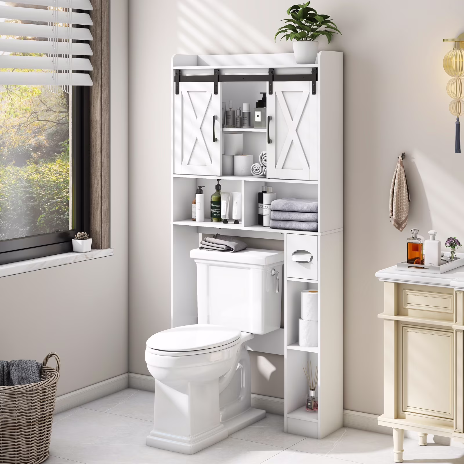 Over The Toilet Storage Cabinet, Farmhouse Storage Cabinet Over Toilet with Sliding Doors��Home Space-Saving Toilet Rack, for Bathroom, Restroom, Laundry(White)