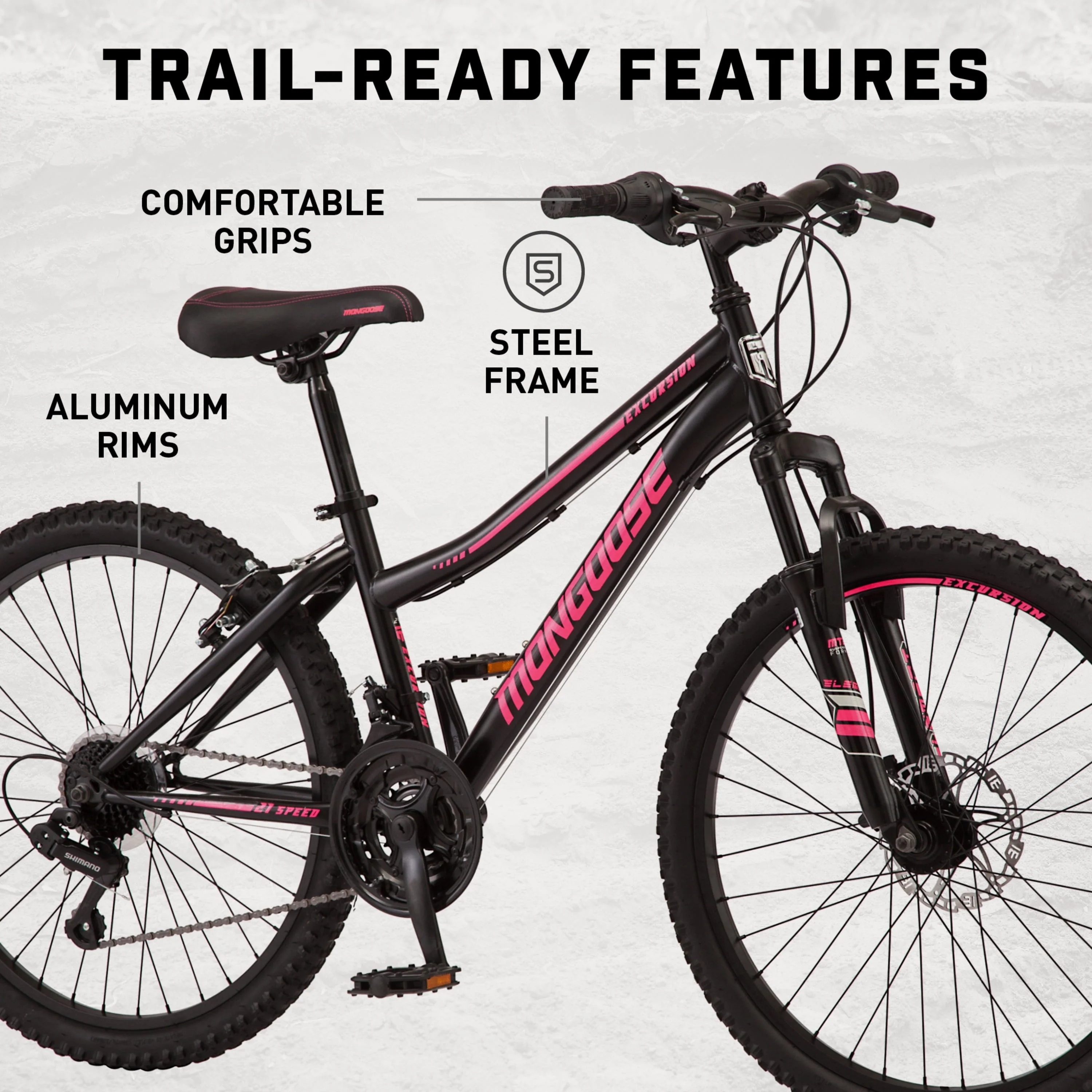 Mongoose 24 - In. Excursion Unisex Mountain Bike, Black, 21 Speeds
