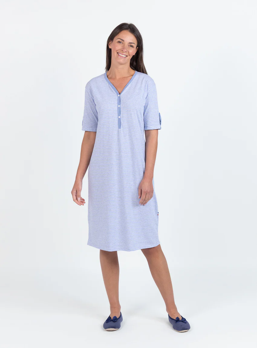 Chemise de nuit femme en coton rayé bleu