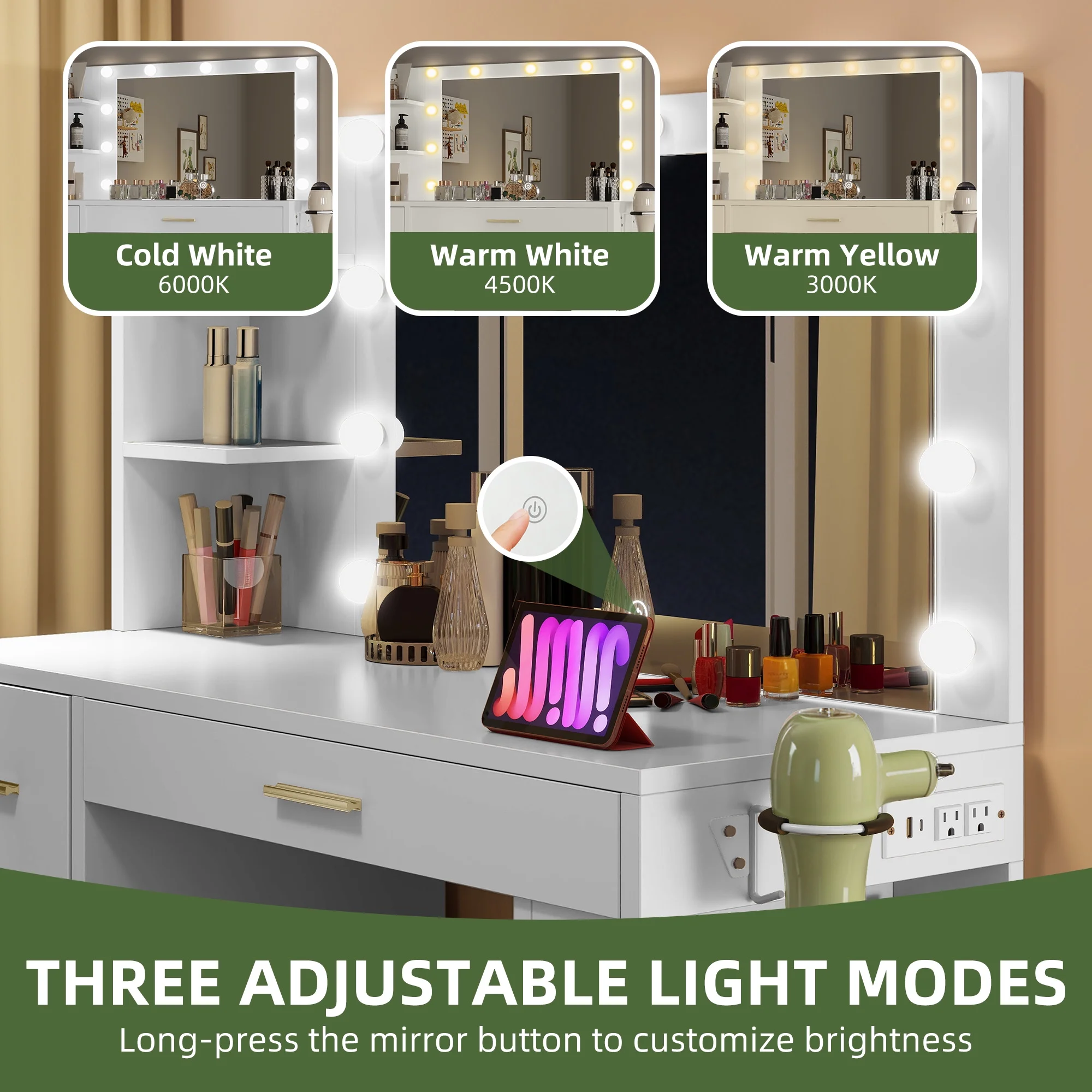 Makeup Vanity Desk with Mirror Lights, Vanity Desk with 4 Drawers Storage Shelves White(White) - Image 7