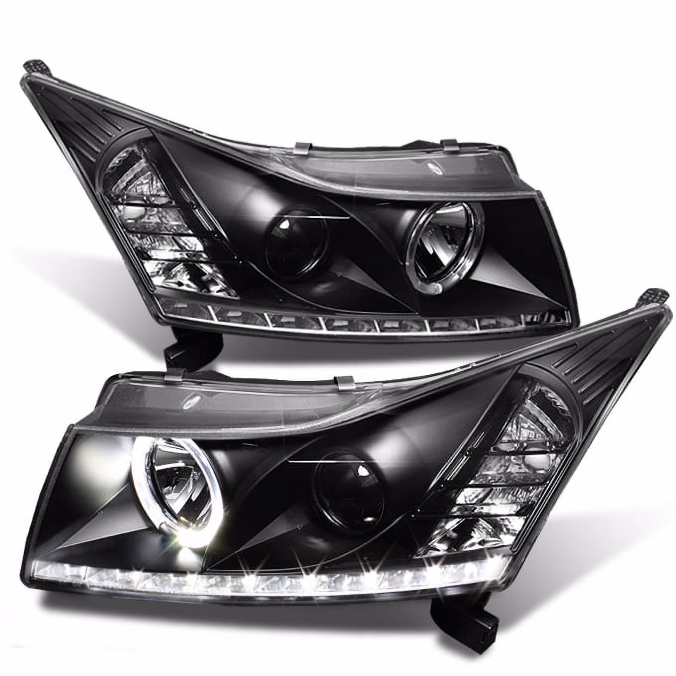 For Chevy Cruze Black Bezel DRL Daylight LED Light Tube/ Strip Halogen Type Projector Headlights Pair(Solid Matte Black Paint Housing)
