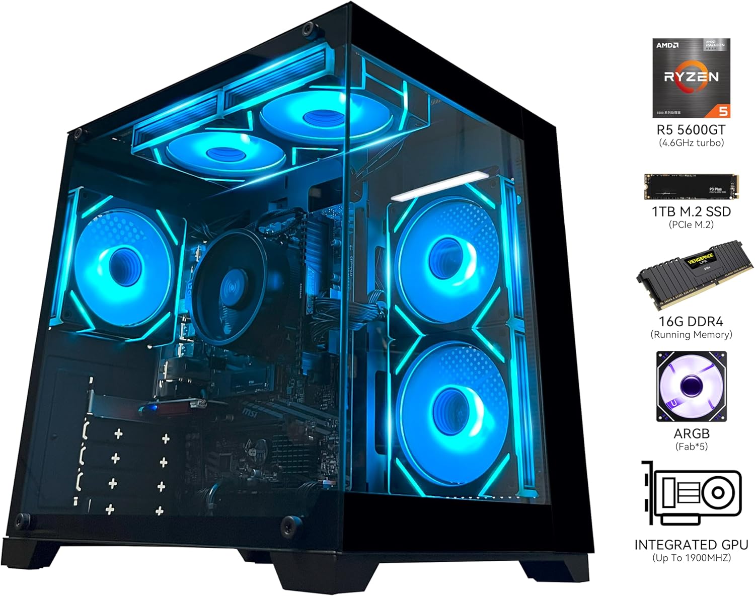 Gaming PC Desktop Computer AMD Ryzen 5 5600GT 16GB DDR4 3200MHz 1TB M.2 NVMe PCle 550W 80PLUS PSU WiFi Game Design Office Console Sea View Room  Towers Prebuilt PC (Black)