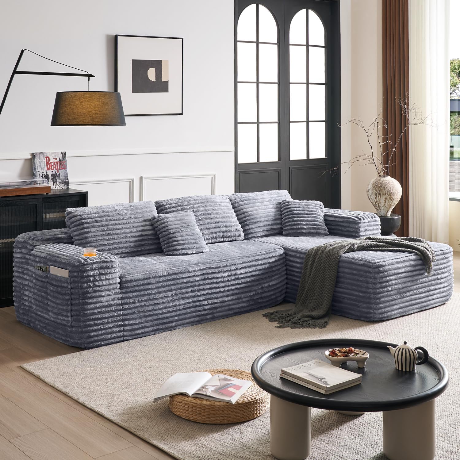 Canapé d'angle Cloud avec méridienne en L, canapé modulaire moderne, assise profonde, porte-gobelet intégré