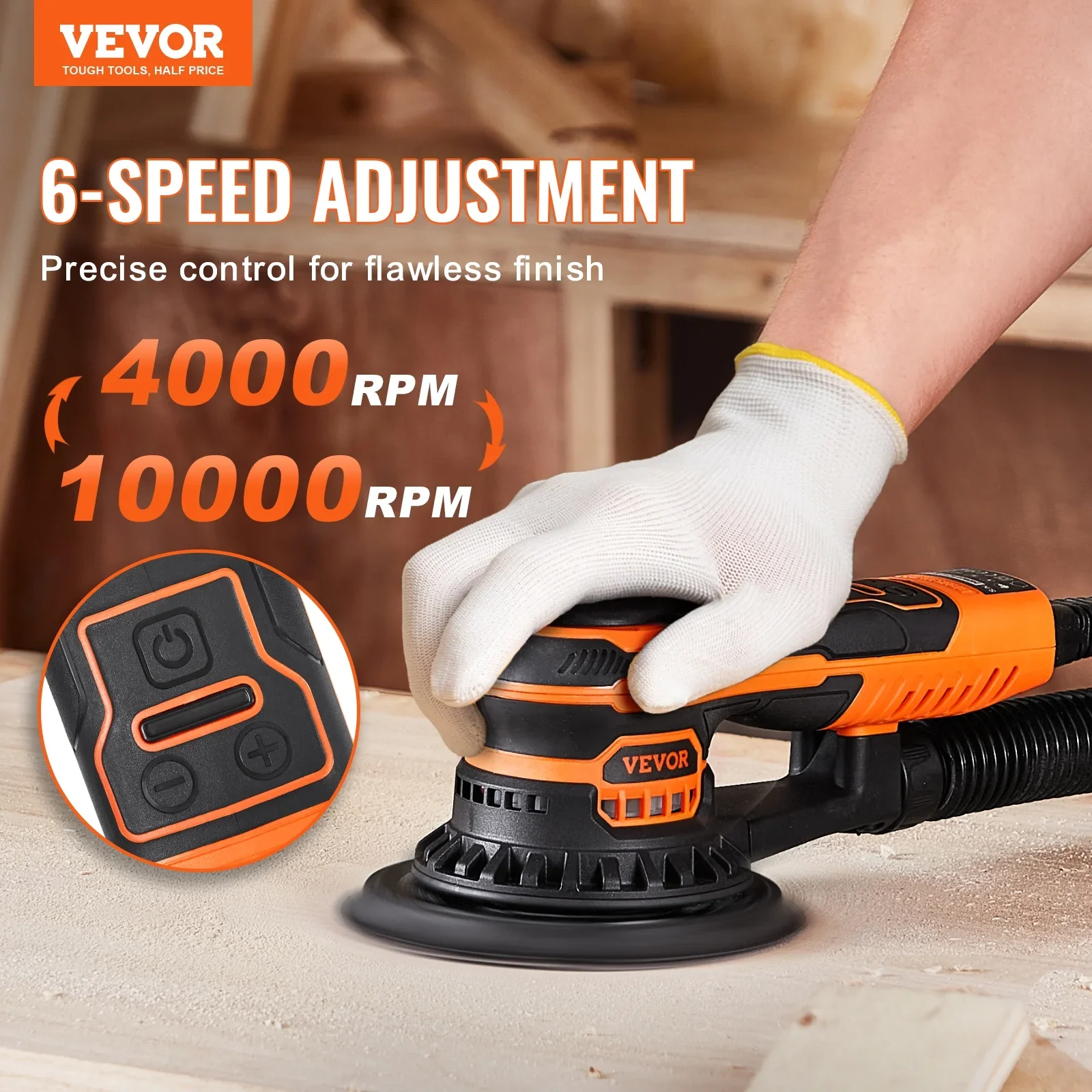 VEVOR Random Orbital Sander 5 & 6-Inch, 350W Brushless Orbital Sander, 10,000 PRM 6 Variable Speed Electric Palm Sander with 20PCS Sandpapers, Dust Connector & Hose for Woodworking Detailing Sanding