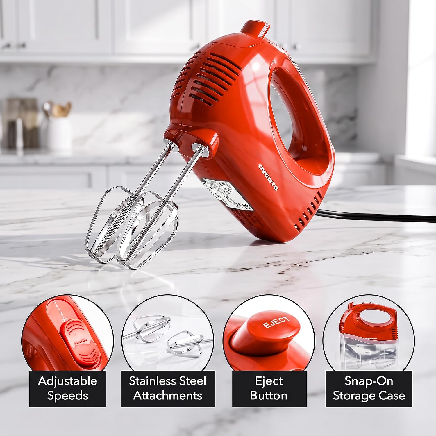 OVENTE 5-Speed Electric Hand Mixer with Storage Case,150W, Red HM151R| Stainless Steel Whisks, Compact Portable Design, Lightweight Handheld Mixer for Baking & Cooking