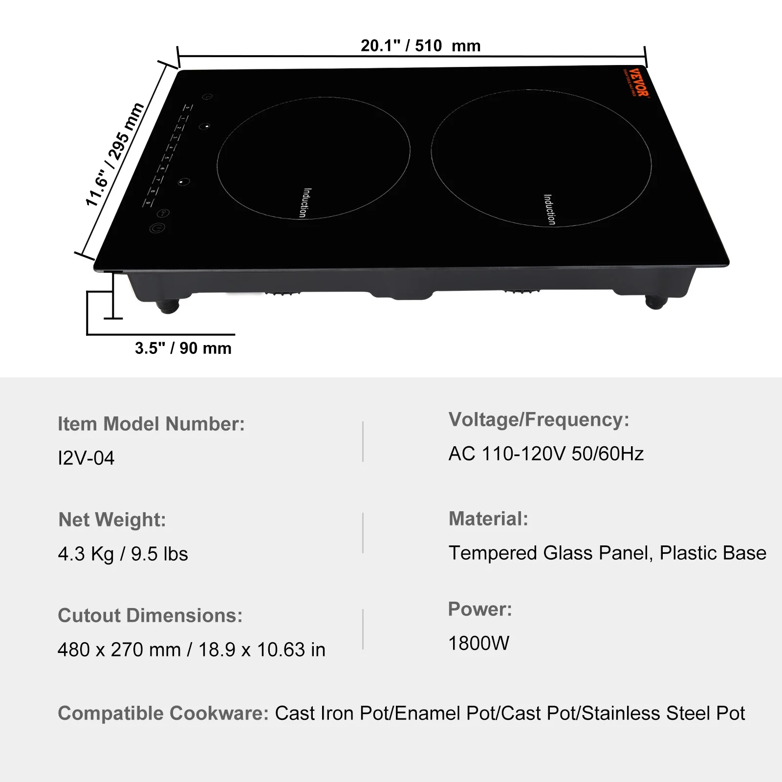 BENTISM 12 inch Electric Cooktop 2 Burners 1800W Stove Top Touch Control(12"/2 Burners/1800W)
