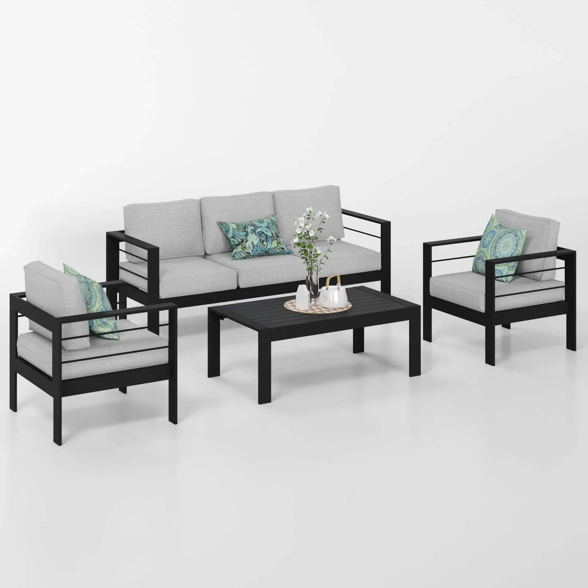 CozyHom 5 Pcs Outdoor Patio Aluminum Furniture Sofa Sets, Outside Patio Conversation Couch Sets With Table&Cushions for Garden Porch, Gray