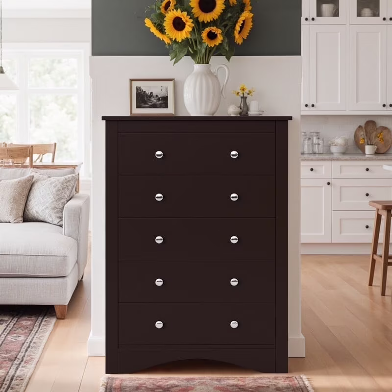 5 Drawer Dresser Wood Storage Cabinet Double Tier Chest of Drawer TV Stand for Bedroom, Living Room, Black(Short/Black) - Image 3