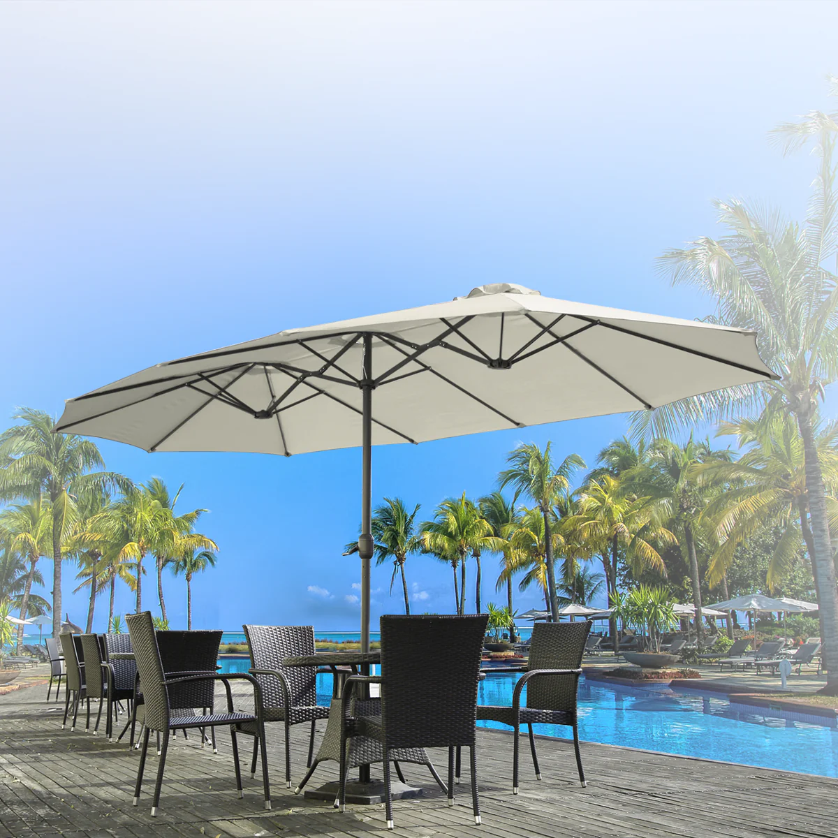 AECOJOY 15x9ft Double-Sided Patio Umbrella, Ivory