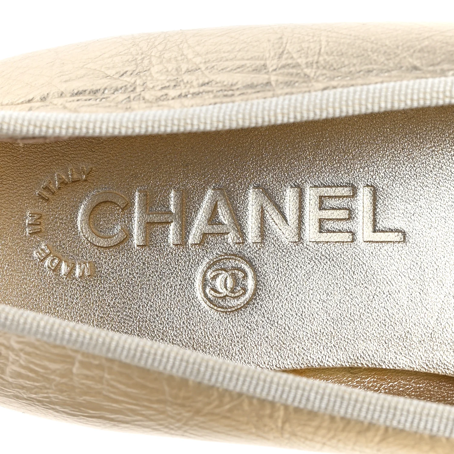 Metallic Laminated Lambskin Grosgrain CC Cap Toe Ballerina Flats 39 Light Gold Black