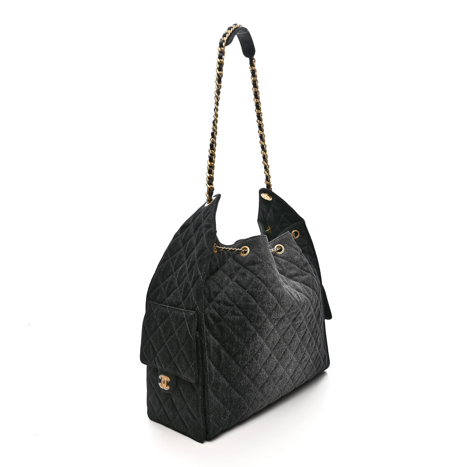 Washed Denim Quilted Large Chanel 25 Handbag Black