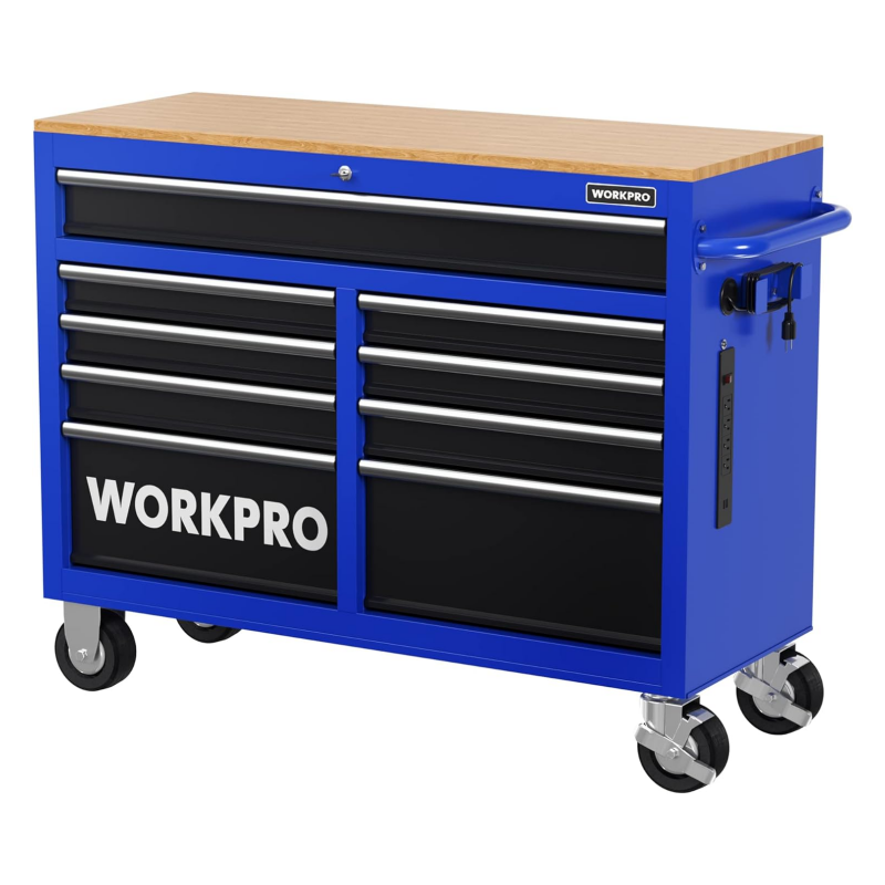 Coffre à outils roulant WORKPRO 46 pouces à 9 tiroirs, armoire de rangement mobile avec plateau en bois, équipée de roulettes, d'une poignée, d'un revêtement de tiroir et d'un système de verrouillage, capacité de charge de 1200 lb