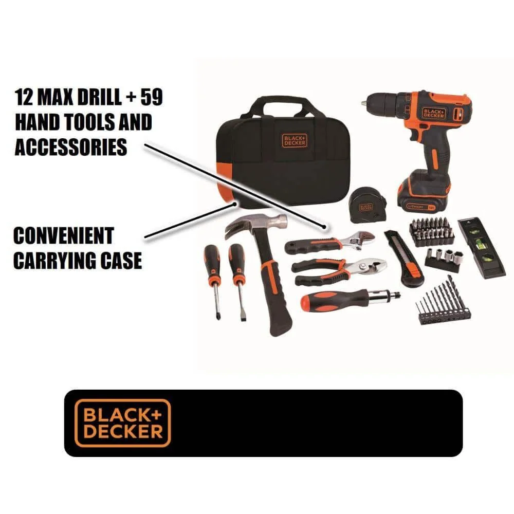 BLACK+DECKER 12V Cordess Drill/Driver, 1.5Ah, 59 Piece Set, Battery and Charger Included